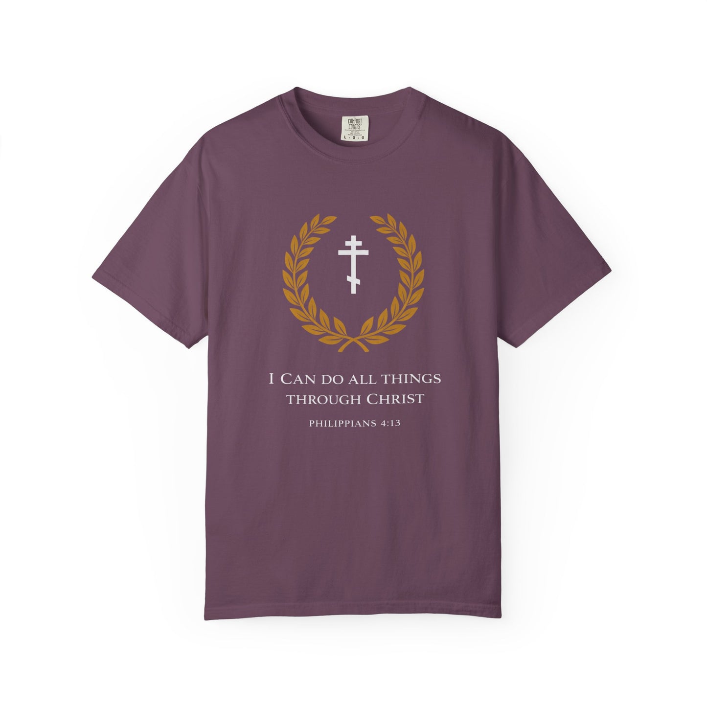 Christian T-Shirt — "I Can Do All Things Through Christ" Philippians 4:13 Cross Laurel Design