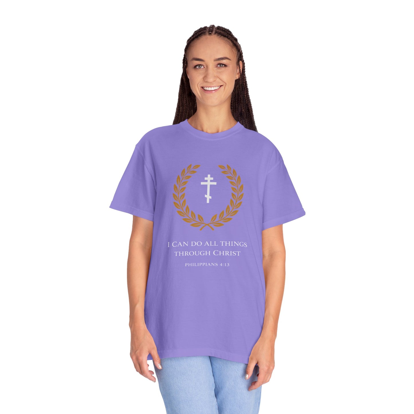 Christian T-Shirt — "I Can Do All Things Through Christ" Philippians 4:13 Cross Laurel Design