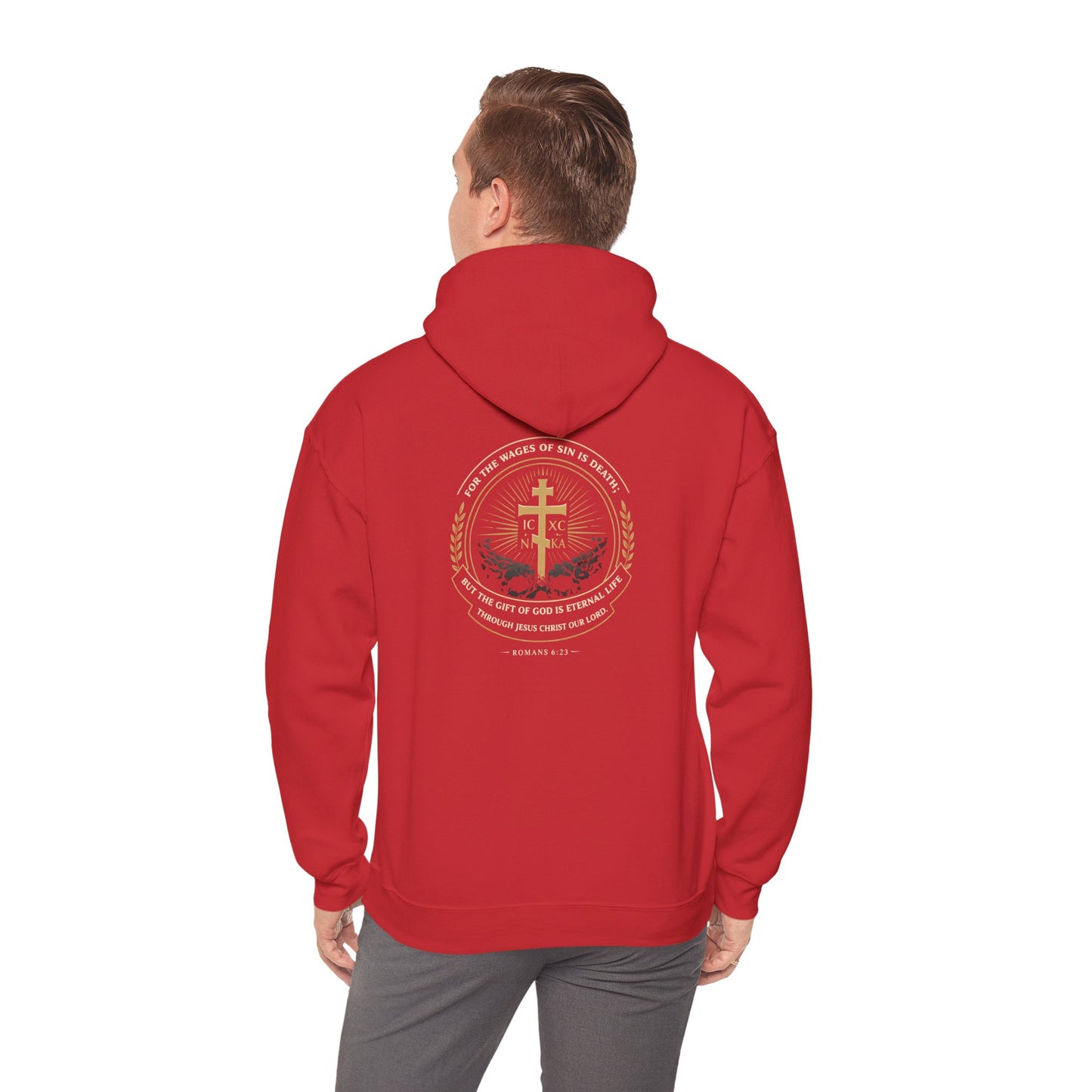 Christian Cross Hoodie — Gold Cross with Wings & Laurel Comfort Pullover