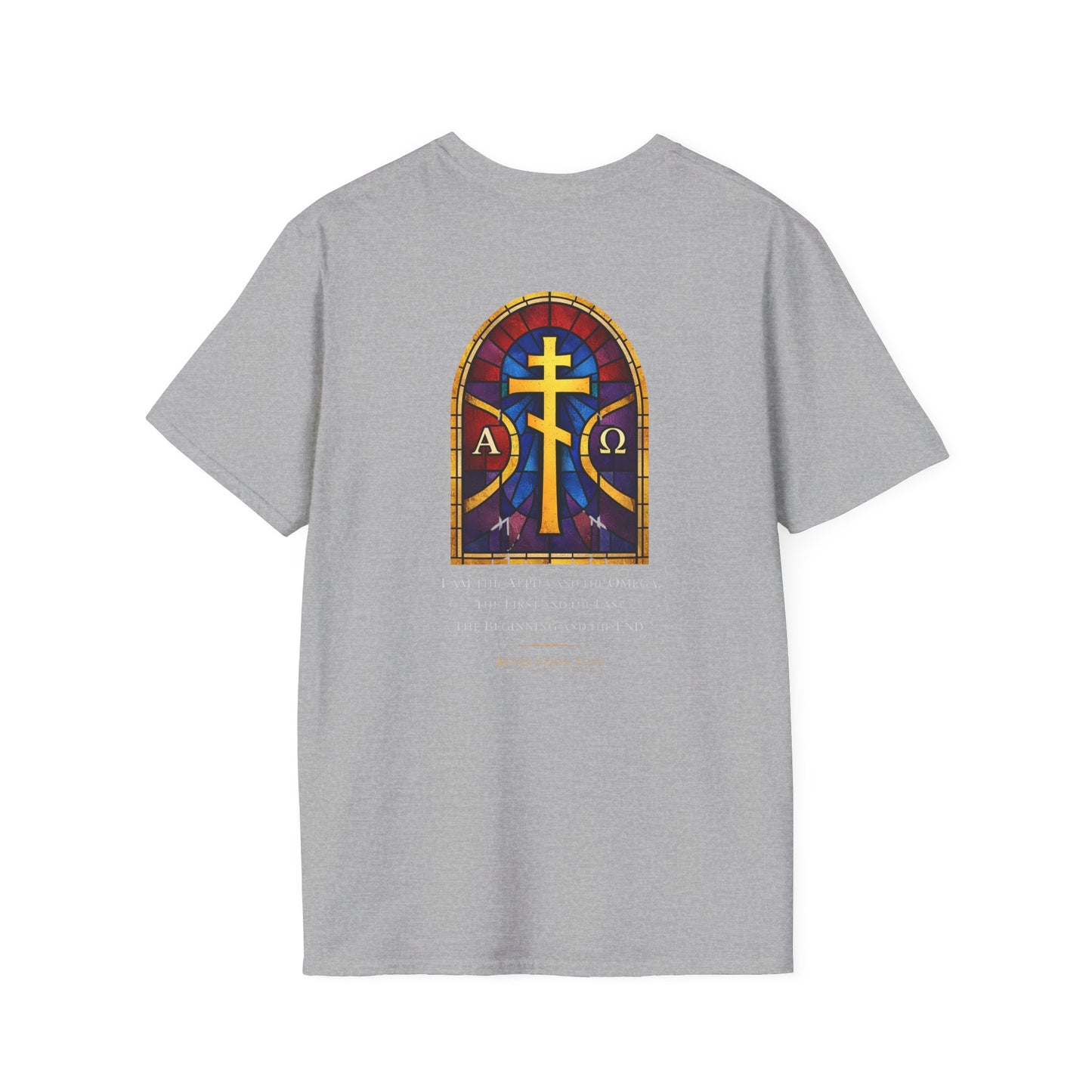 Christian Stained Glass Cross T-Shirt — "I Am the Alpha and the Omega"