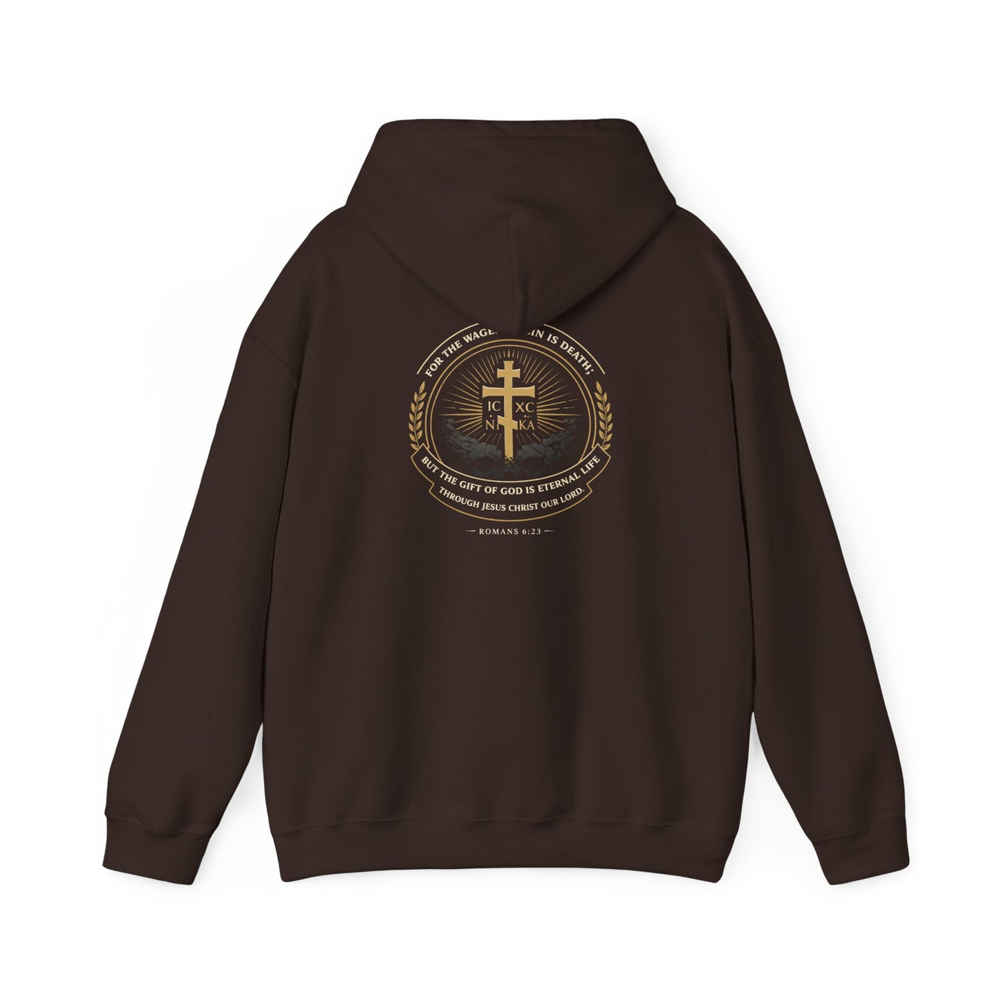Christian Cross Hoodie — Gold Cross with Wings & Laurel Comfort Pullover