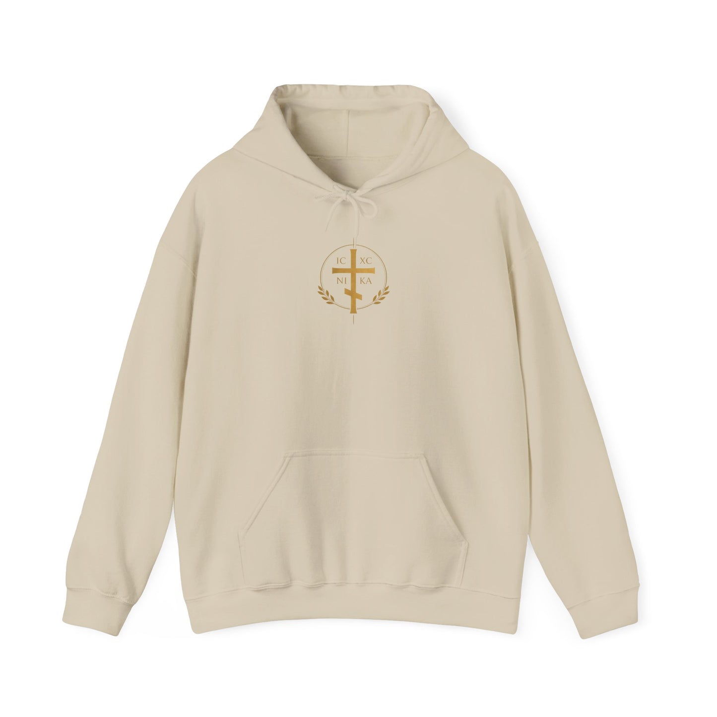 Christian Cross Hoodie — Gold Cross with Wings & Laurel Comfort Pullover