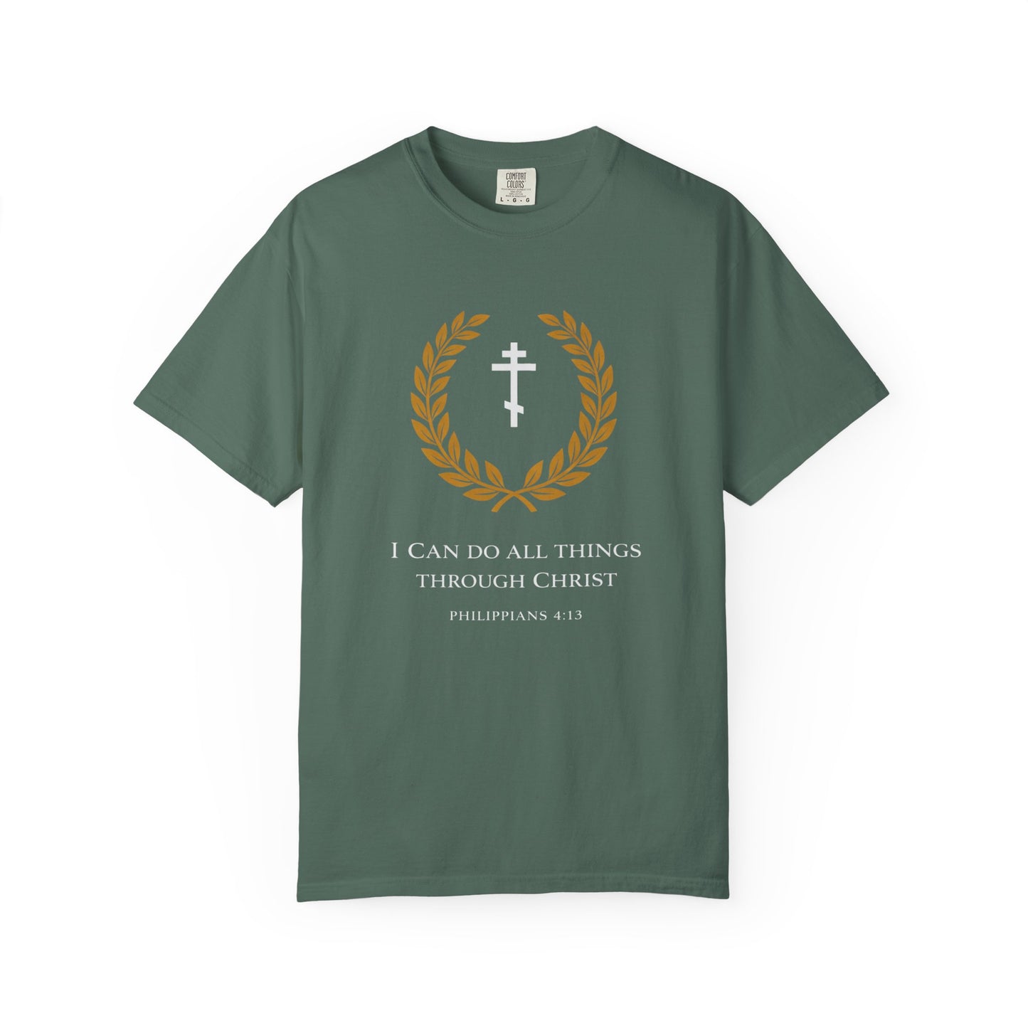 Christian T-Shirt — "I Can Do All Things Through Christ" Philippians 4:13 Cross Laurel Design