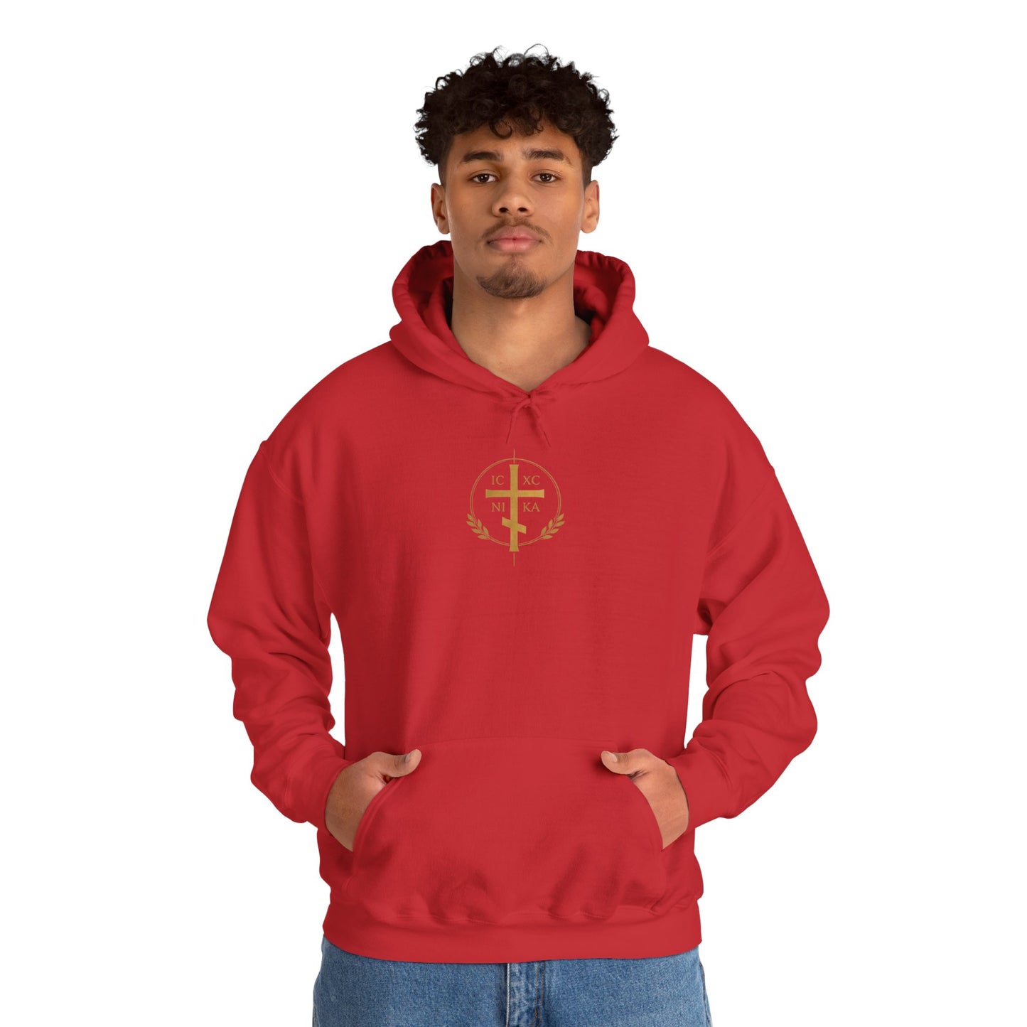 Christian Cross Hoodie — Gold Cross with Wings & Laurel Comfort Pullover