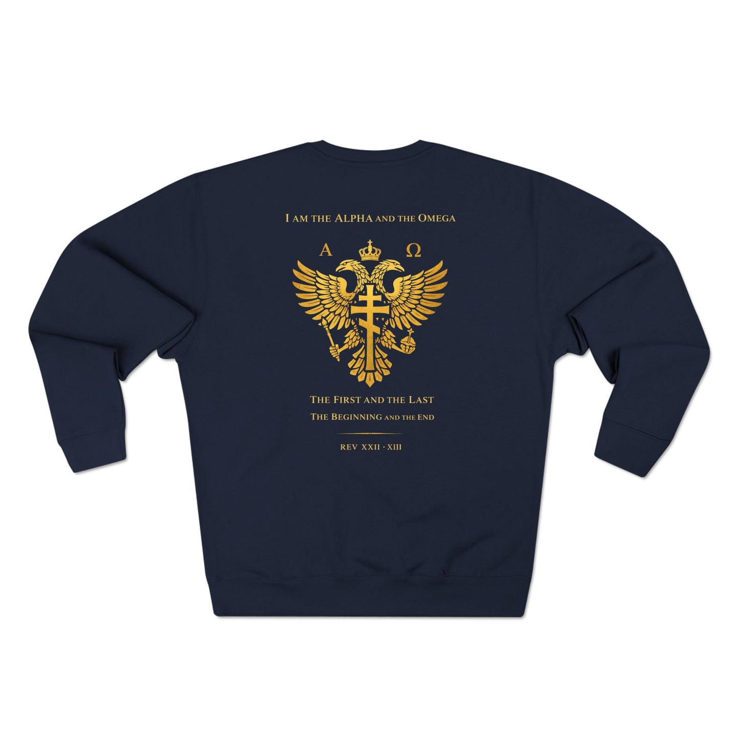 Christian Alpha Omega Crewneck Sweatshirt — Gold Double-Headed Eagle & Cross