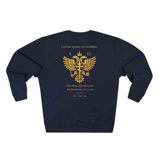 Christian Alpha Omega Crewneck Sweatshirt — Gold Double-Headed Eagle & Cross