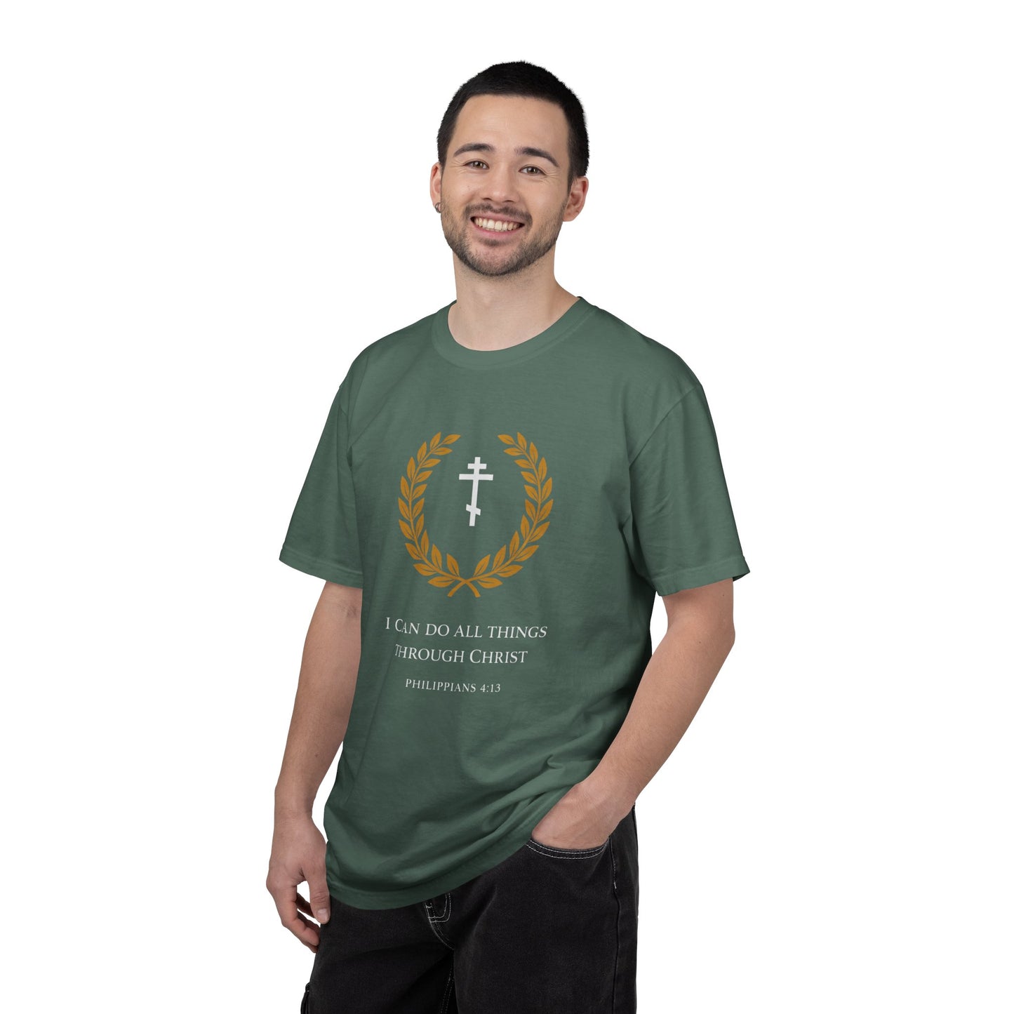 Christian T-Shirt — "I Can Do All Things Through Christ" Philippians 4:13 Cross Laurel Design