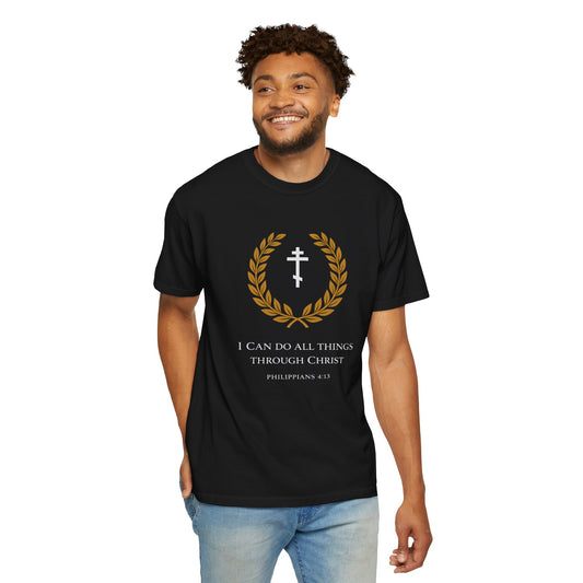 Christian T-Shirt — "I Can Do All Things Through Christ" Philippians 4:13 Cross Laurel Design
