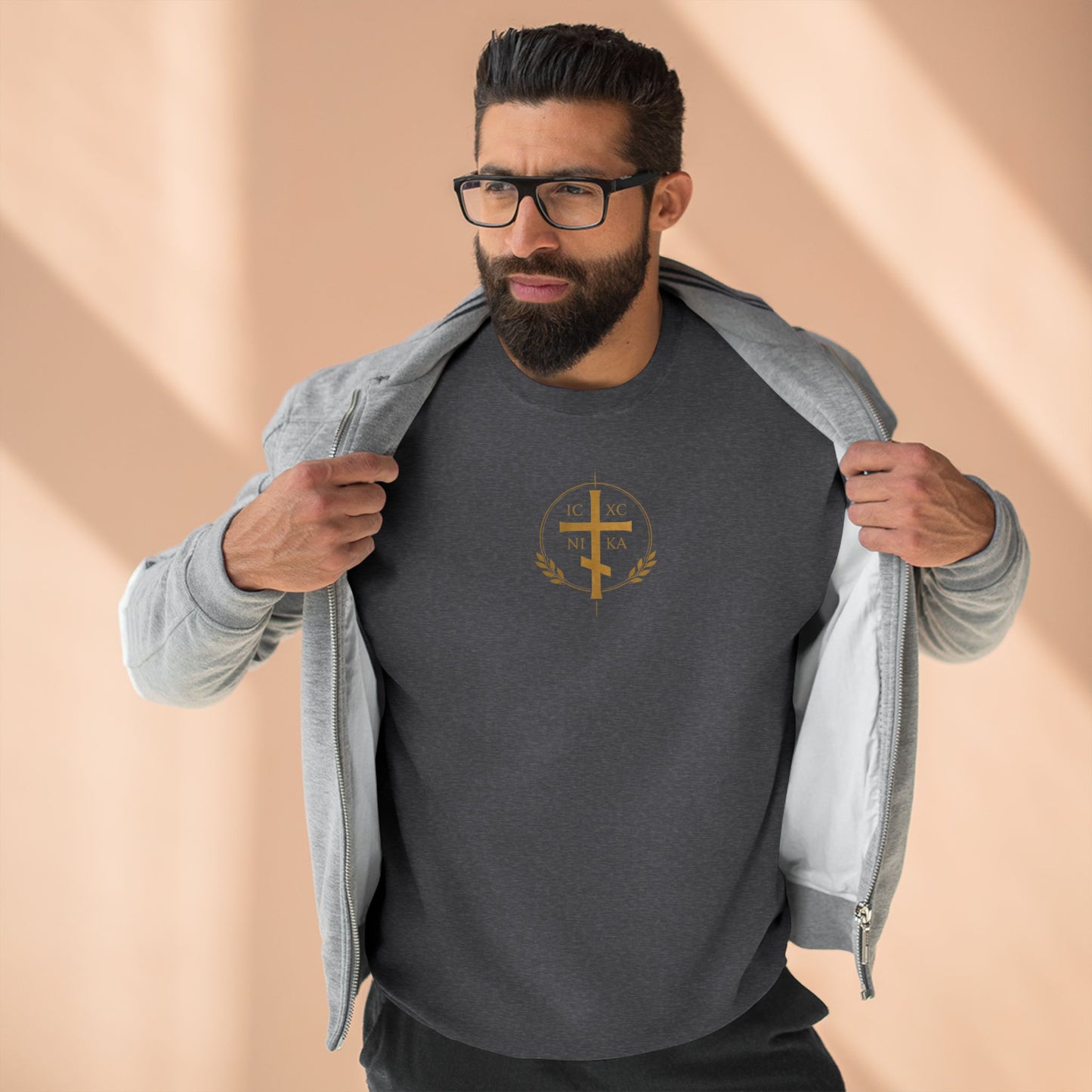 Christian Alpha Omega Crewneck Sweatshirt — Gold Double-Headed Eagle & Cross