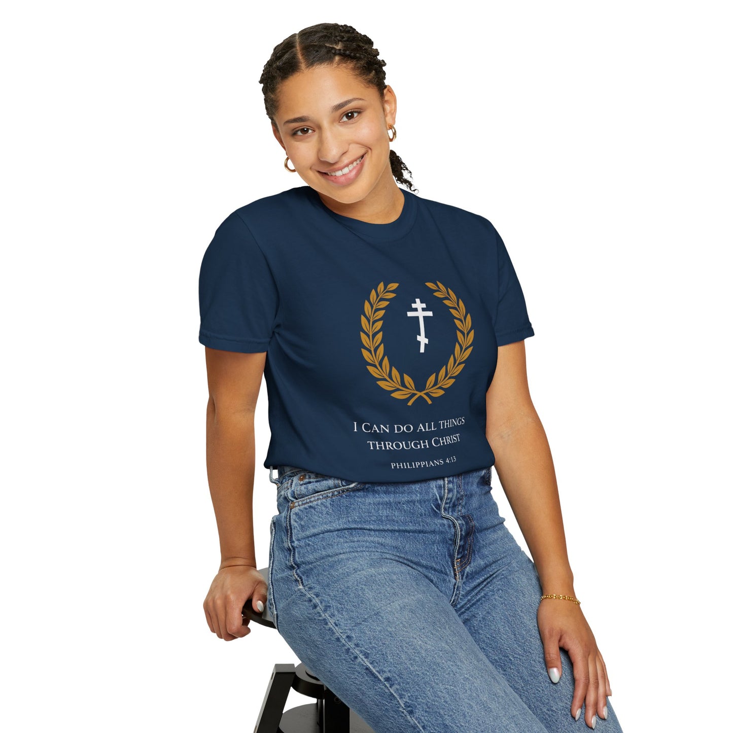 Christian T-Shirt — "I Can Do All Things Through Christ" Philippians 4:13 Cross Laurel Design