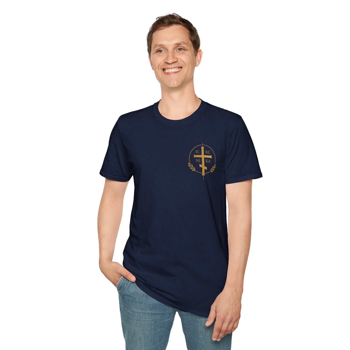 Christian Stained Glass Cross T-Shirt — "I Am the Alpha and the Omega"