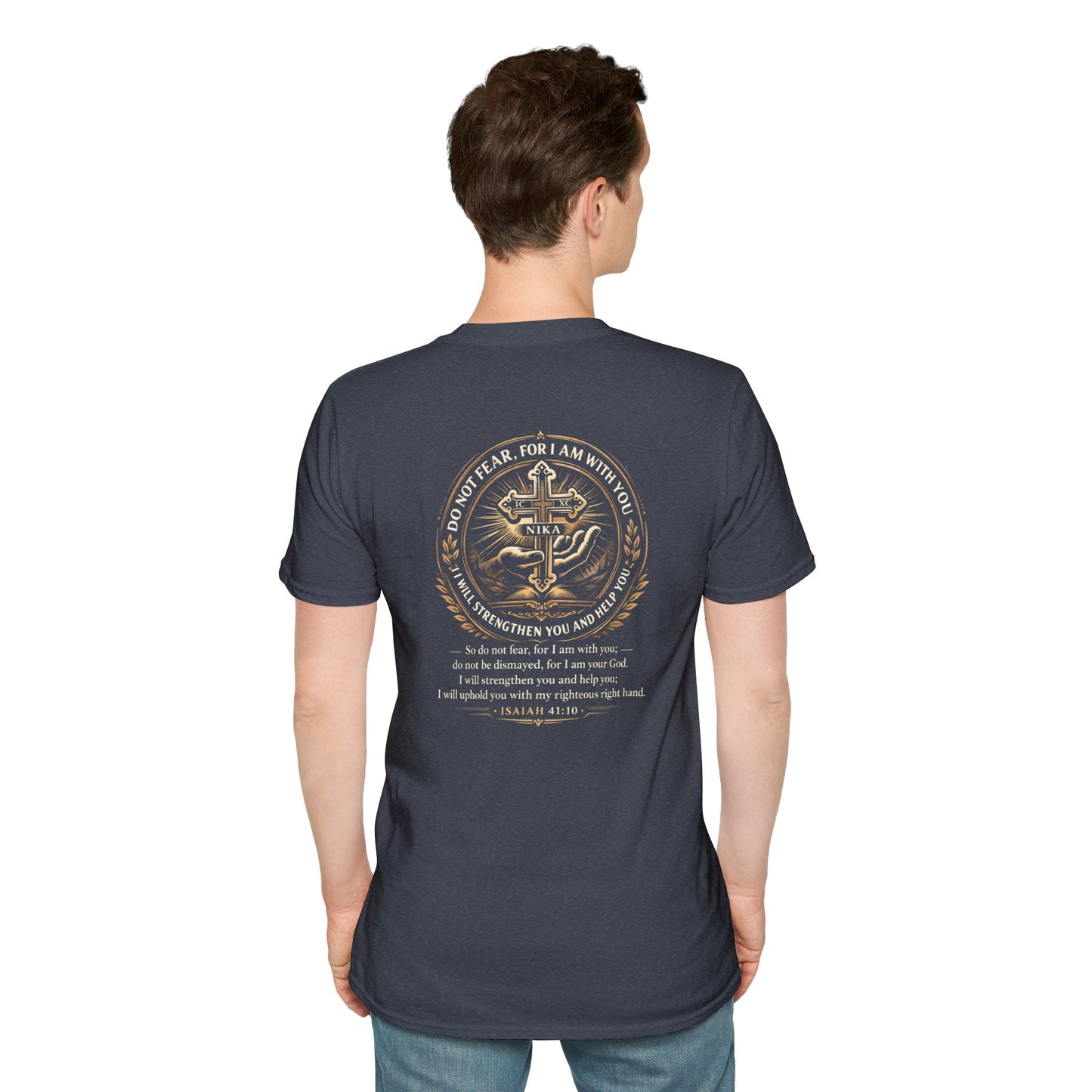 Christian Cross T-Shirt — Isaiah 41:10 Faith Prayer Tee (Front Small Cross, Back Scripture Emblem)