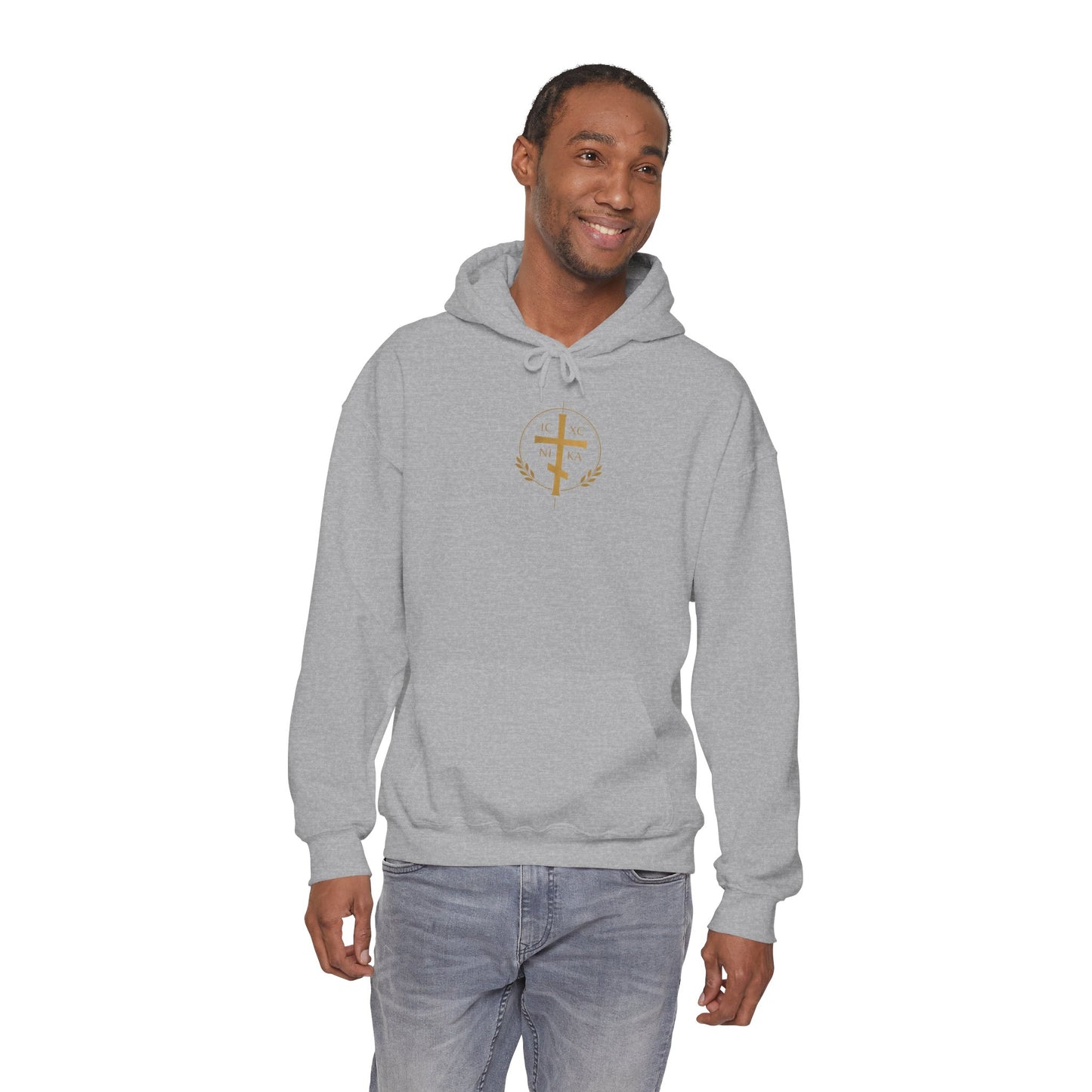 Christian Cross Hoodie — Gold Cross with Wings & Laurel Comfort Pullover