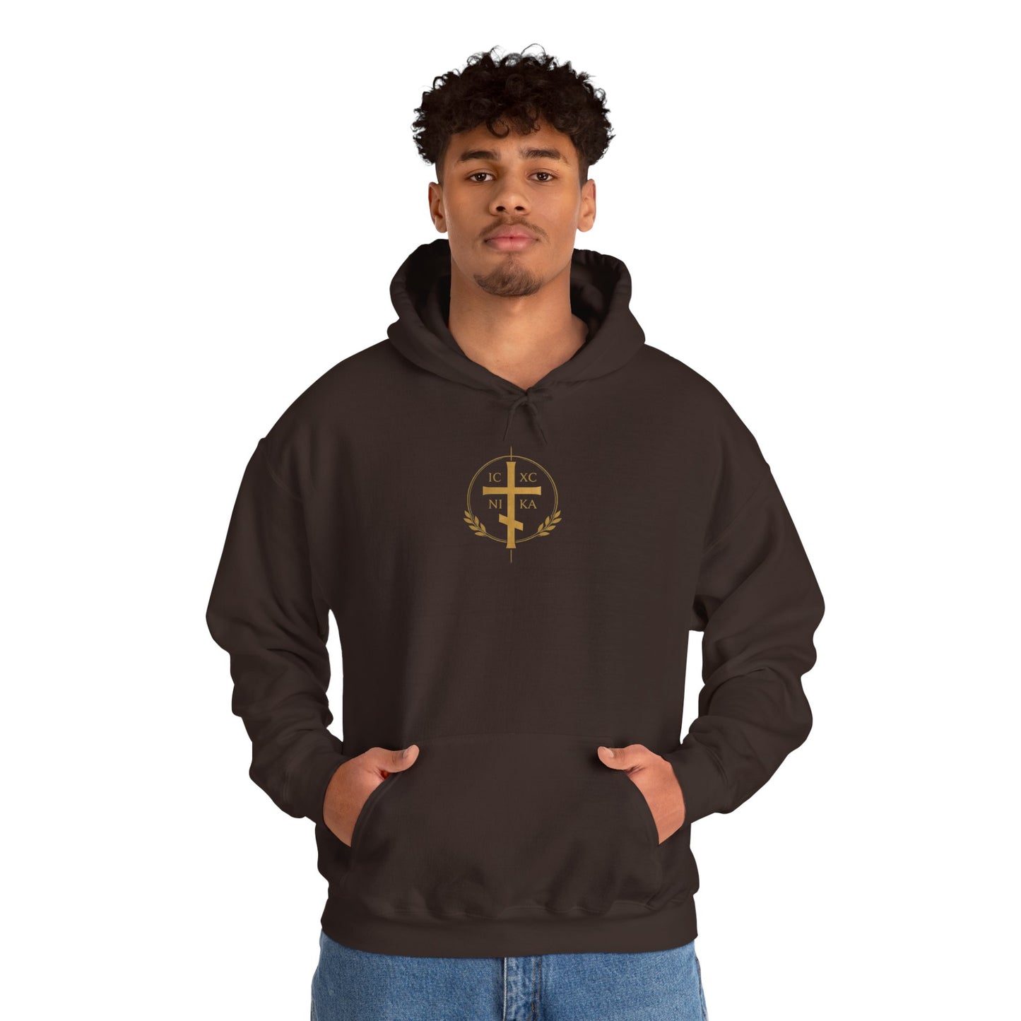 Christian Cross Hoodie — Gold Cross with Wings & Laurel Comfort Pullover