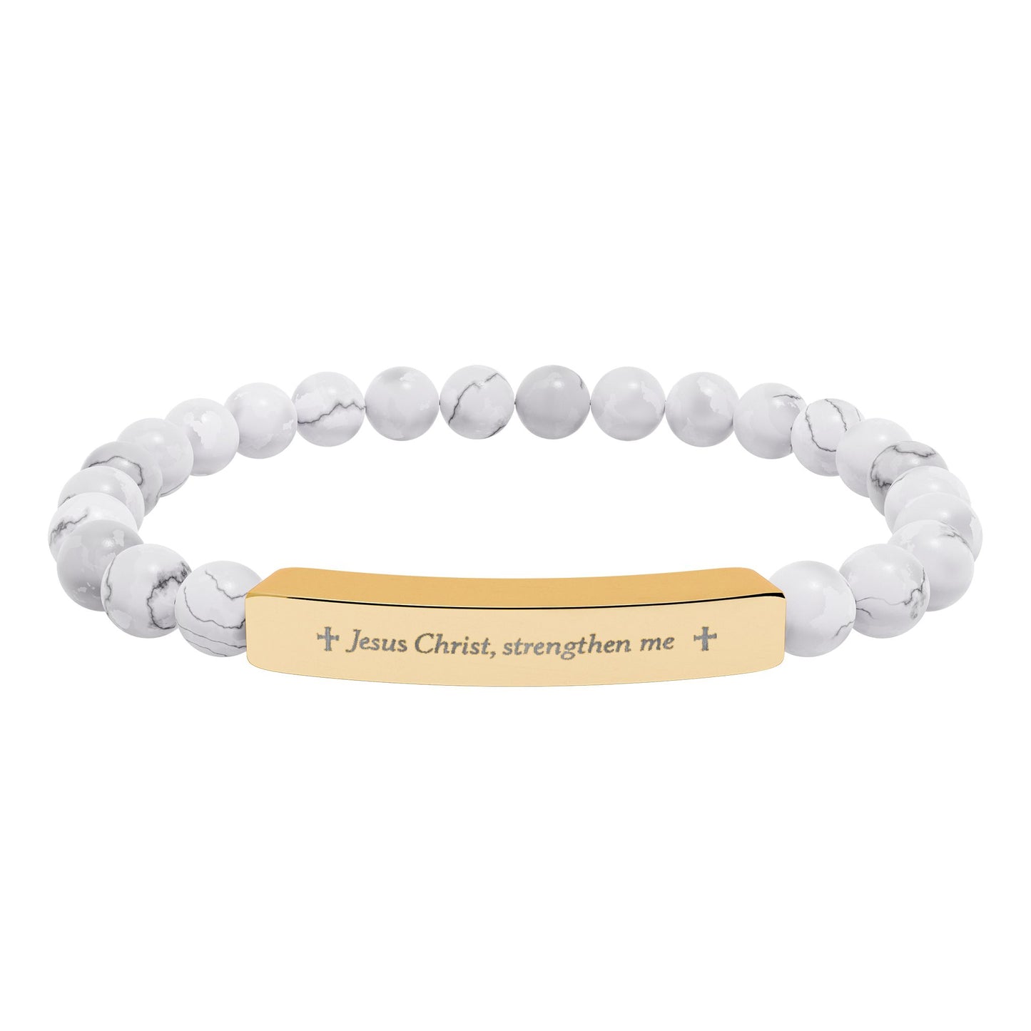 Engraved Natural Stone Bead Bracelet — Personalized Bar Stretch Bracelet