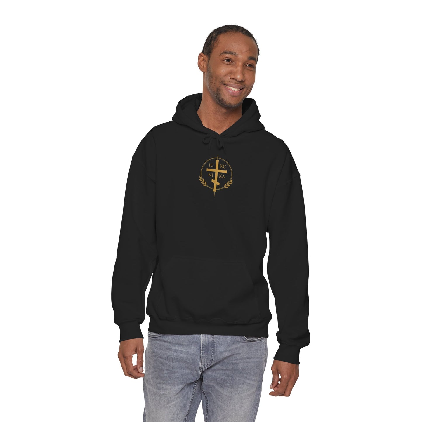 Christian Cross Hoodie — Gold Cross with Wings & Laurel Comfort Pullover