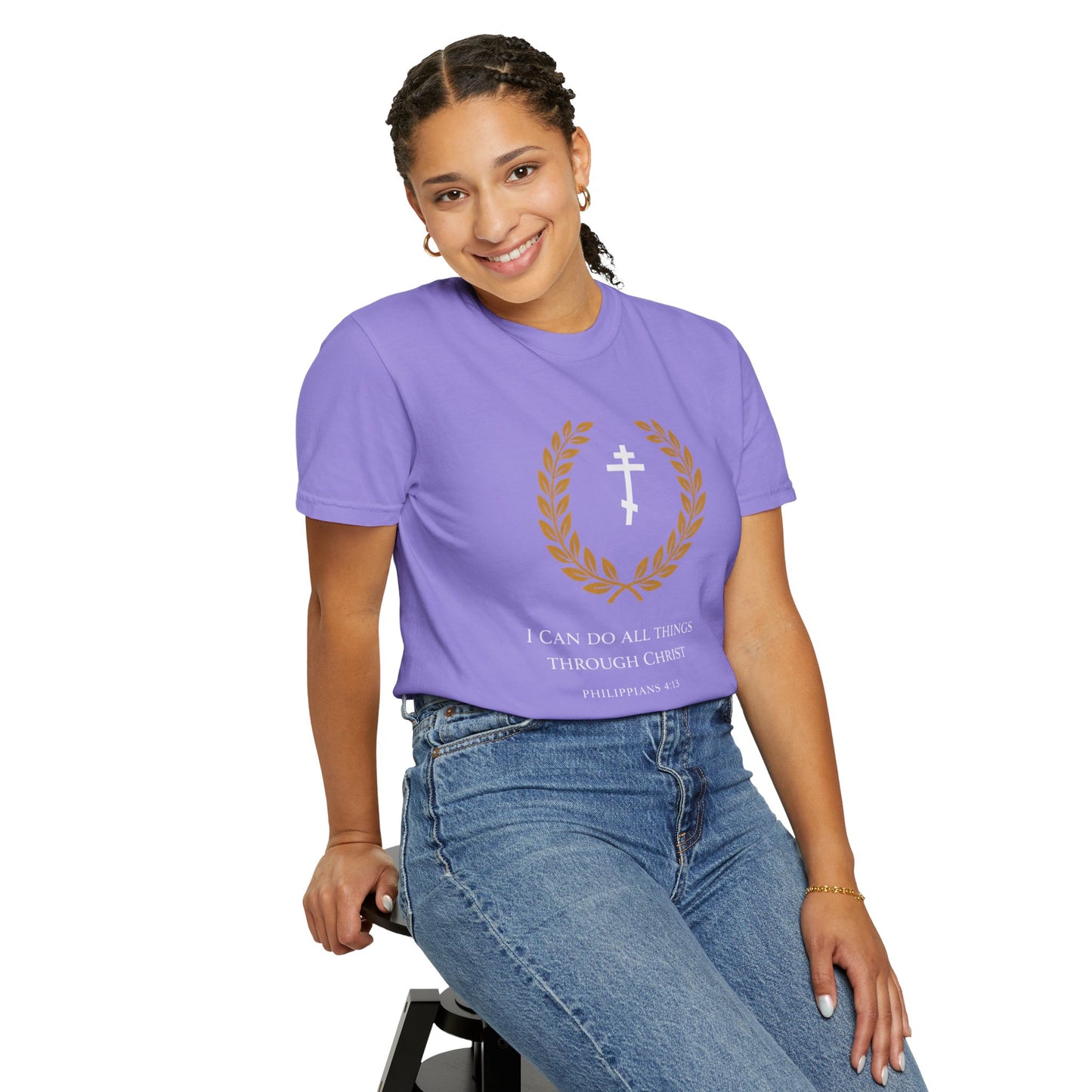 Christian T-Shirt — "I Can Do All Things Through Christ" Philippians 4:13 Cross Laurel Design