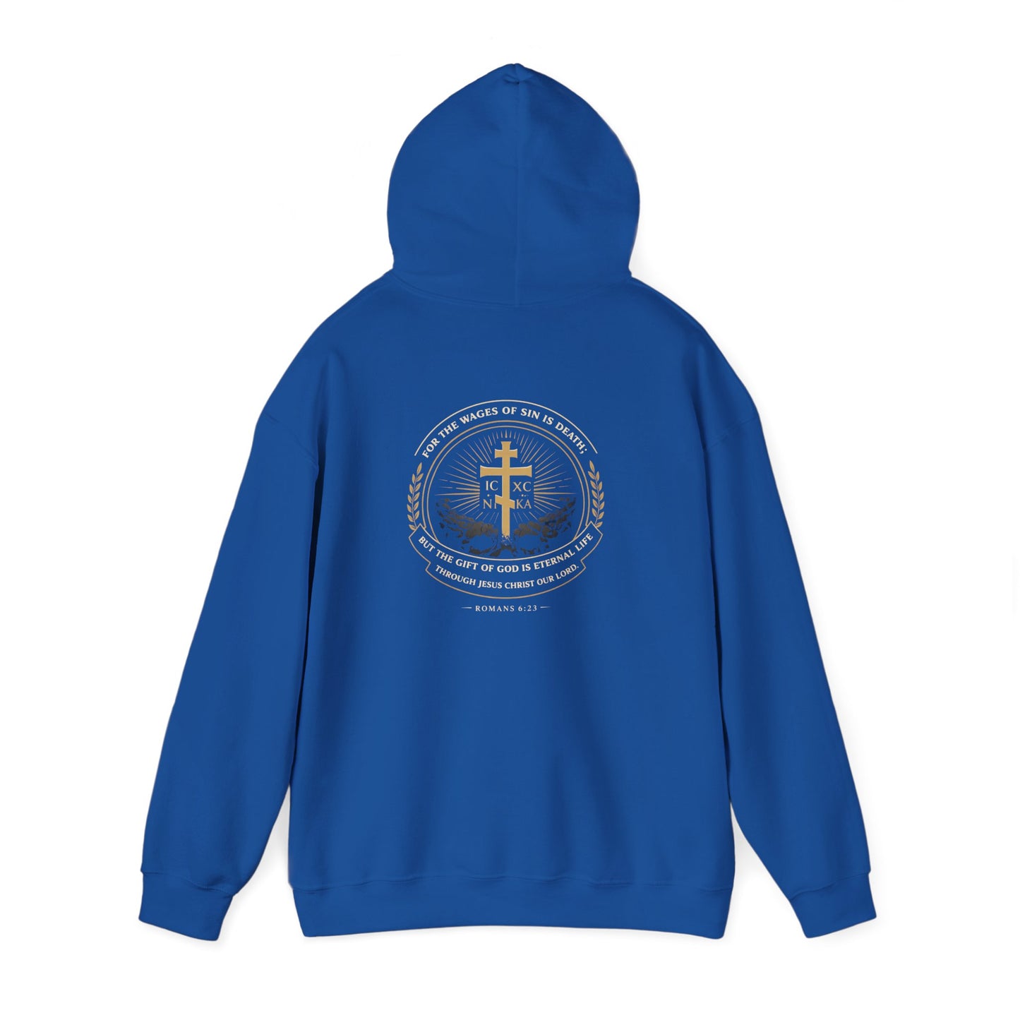Christian Cross Hoodie — Gold Cross with Wings & Laurel Comfort Pullover