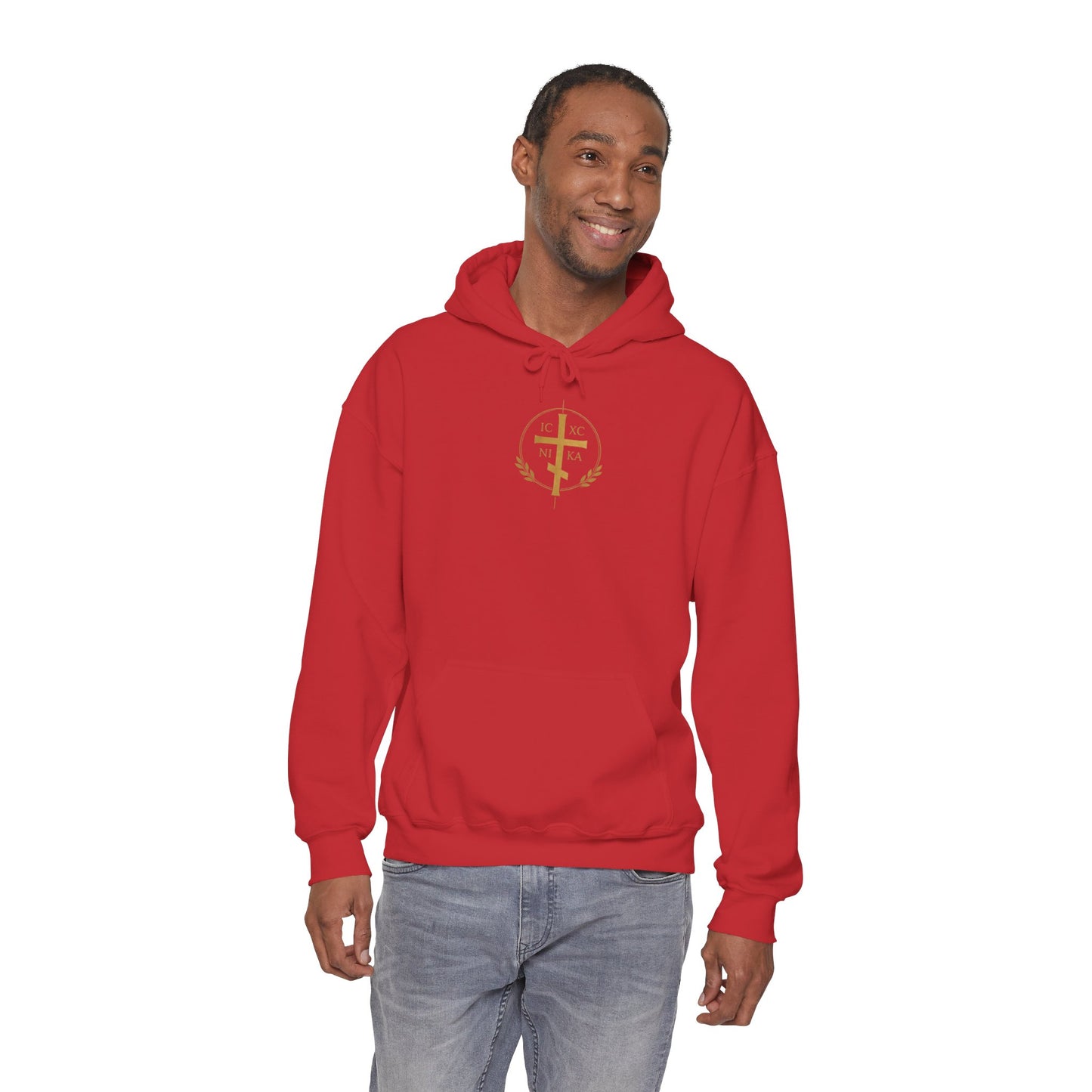 Christian Cross Hoodie — Gold Cross with Wings & Laurel Comfort Pullover