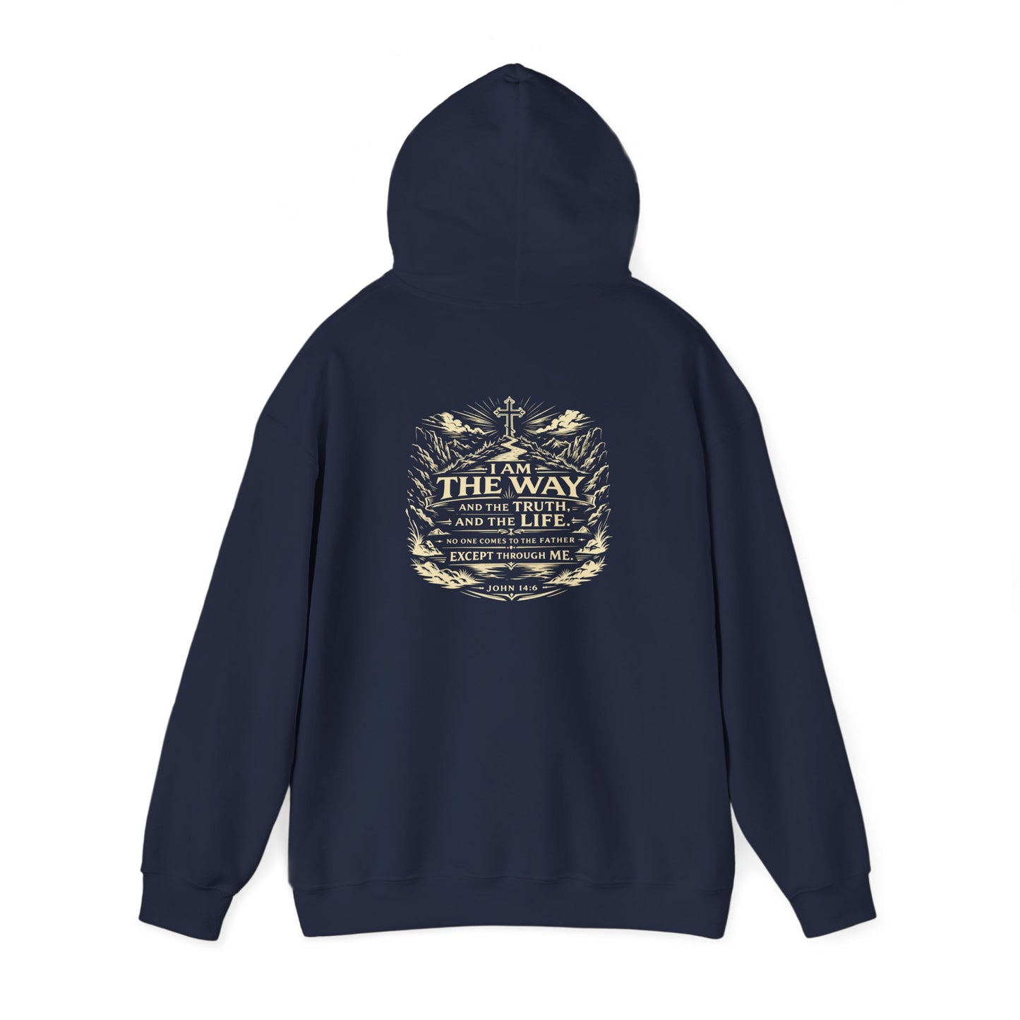 Christian Cross Hoodie — "I Am The Way" Scripture Back Print