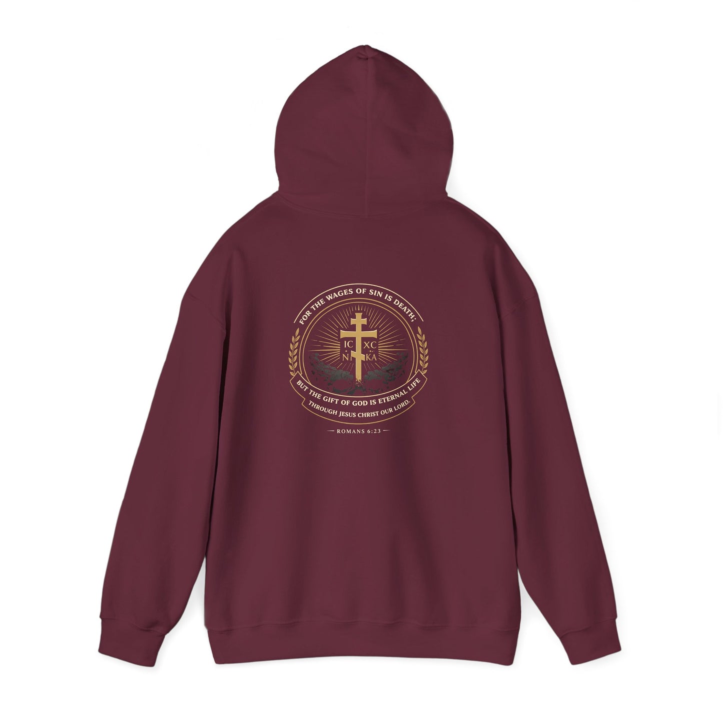 Christian Cross Hoodie — Gold Cross with Wings & Laurel Comfort Pullover