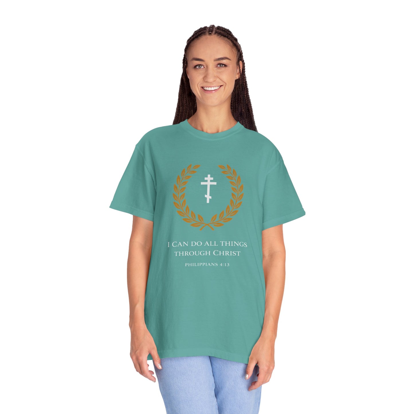 Christian T-Shirt — "I Can Do All Things Through Christ" Philippians 4:13 Cross Laurel Design