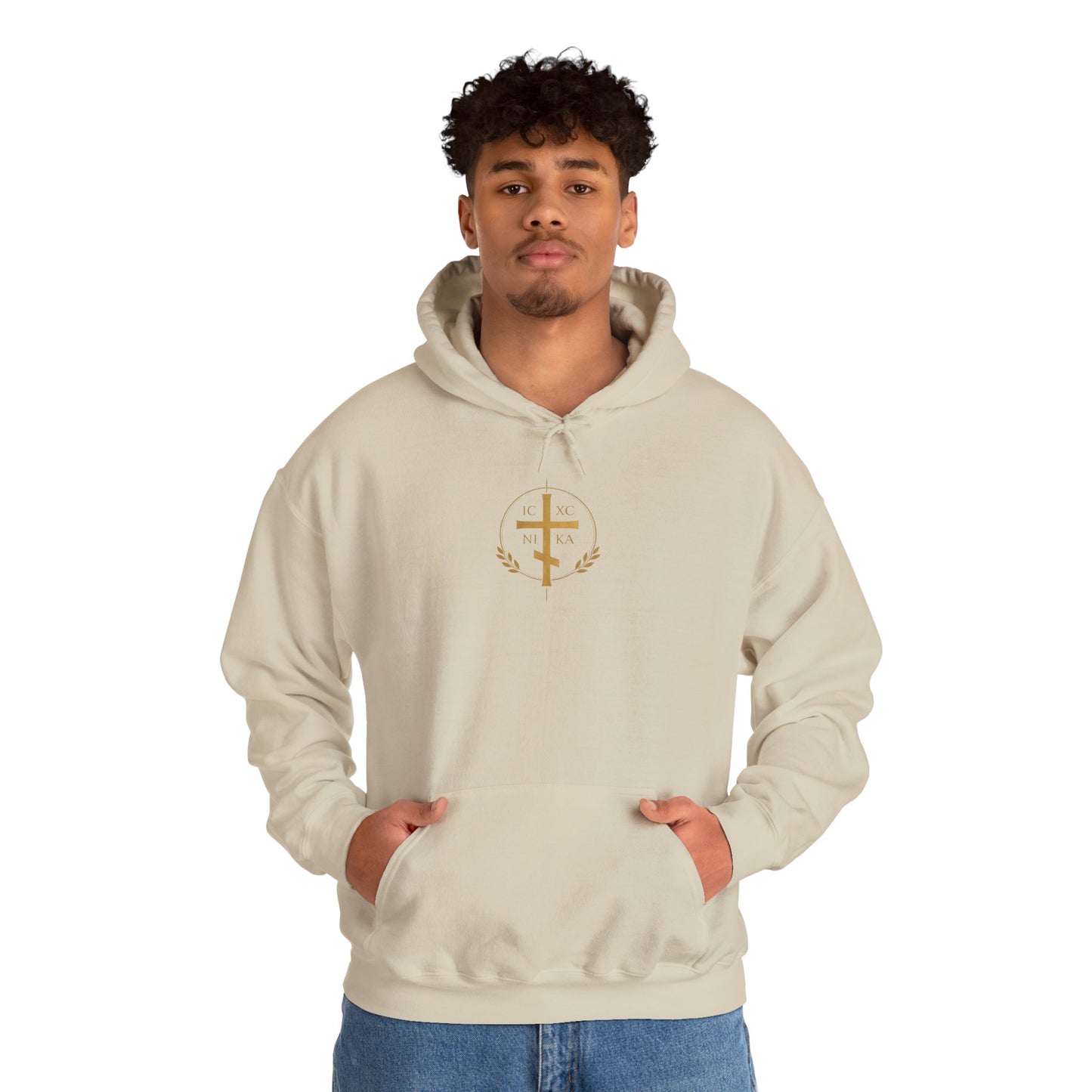 Christian Cross Hoodie — Gold Cross with Wings & Laurel Comfort Pullover
