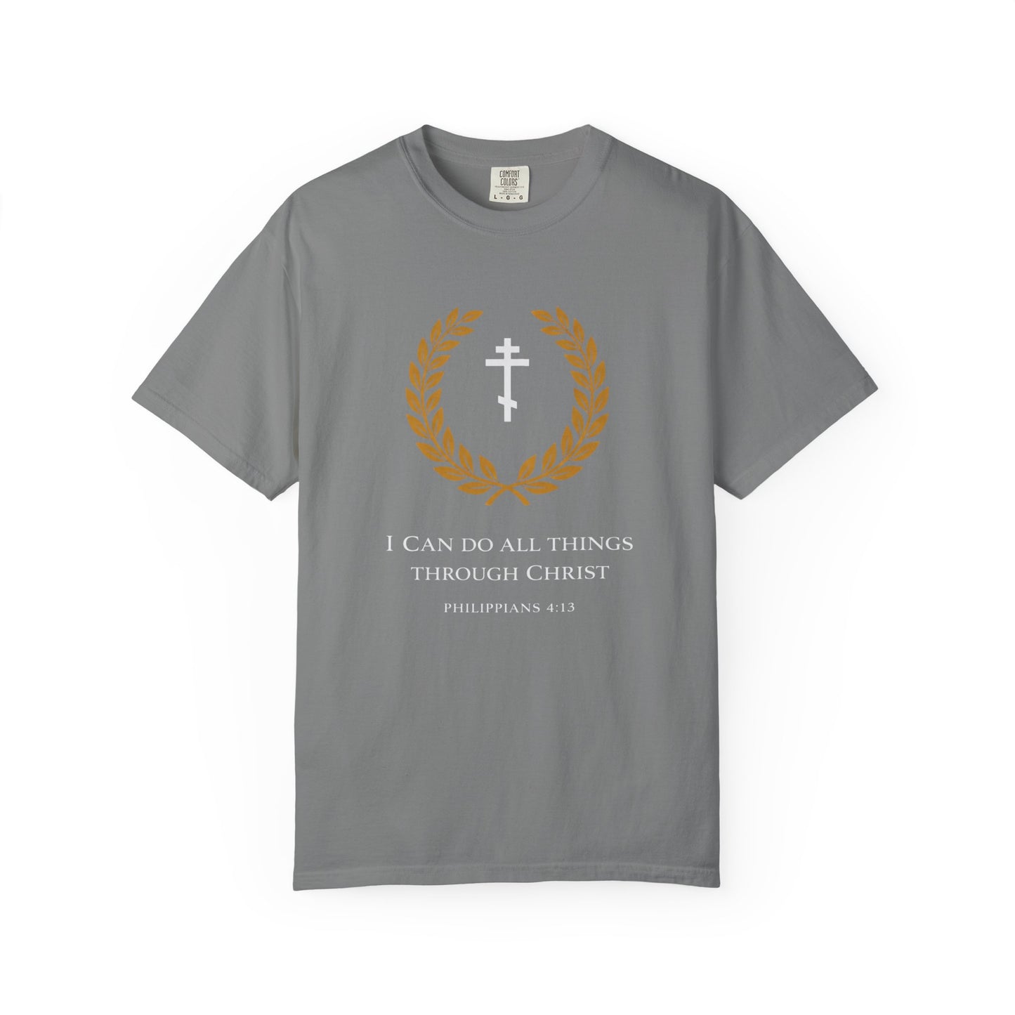 Christian T-Shirt — "I Can Do All Things Through Christ" Philippians 4:13 Cross Laurel Design