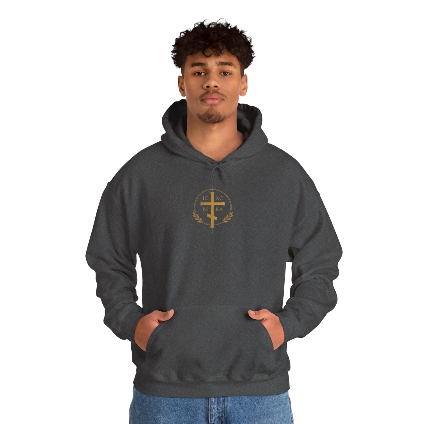 Christian Cross Hoodie — Gold Cross with Wings & Laurel Comfort Pullover