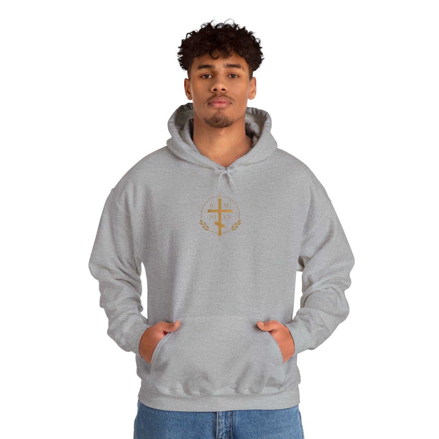 Christian Cross Hoodie — Gold Cross with Wings & Laurel Comfort Pullover