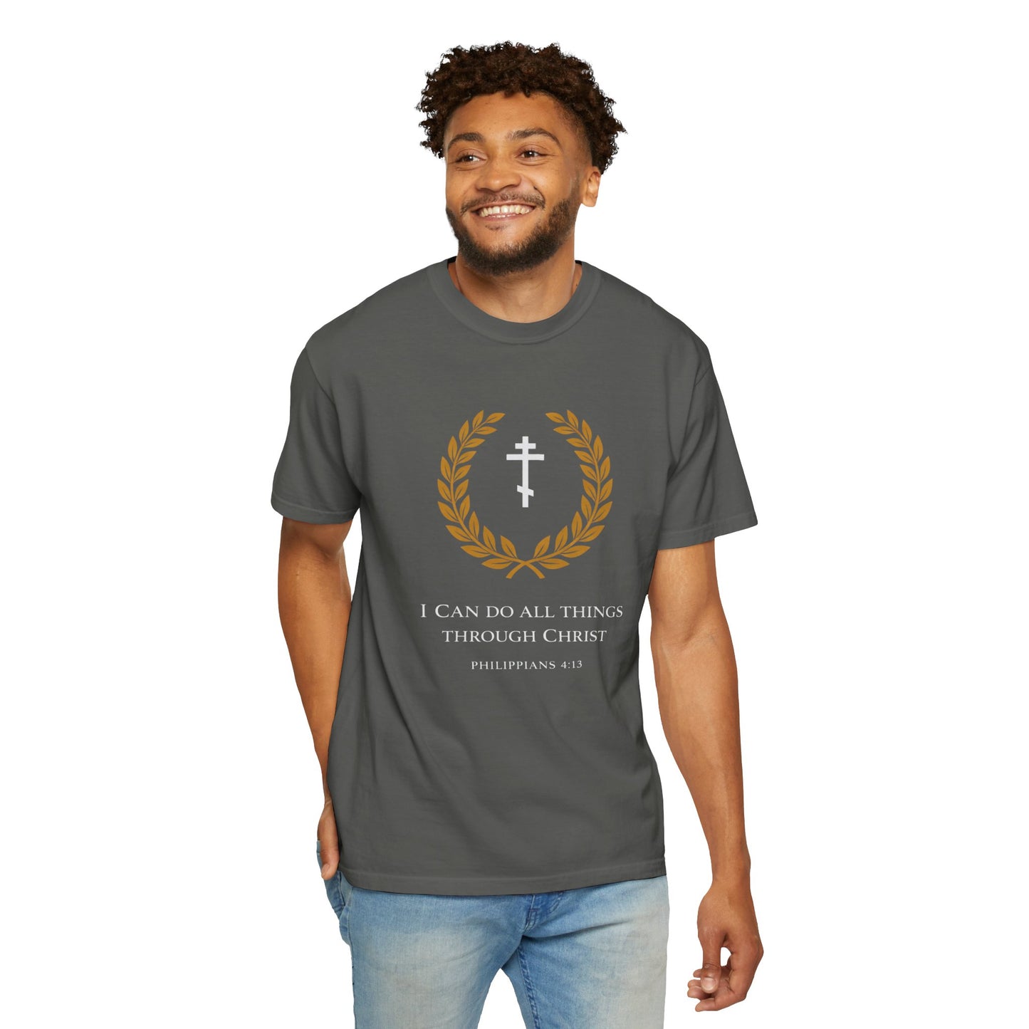Christian T-Shirt — "I Can Do All Things Through Christ" Philippians 4:13 Cross Laurel Design