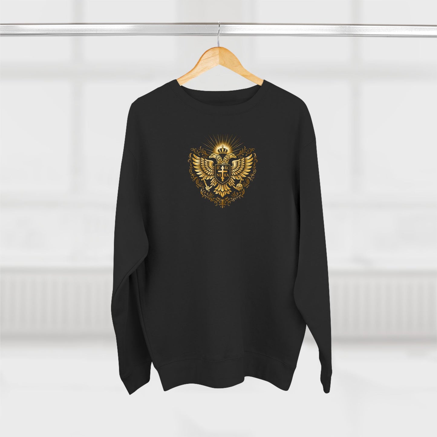 Golden Double-Headed Eagle Crewneck Sweatshirt — "I Am the Alpha and the Omega" Back Graphic