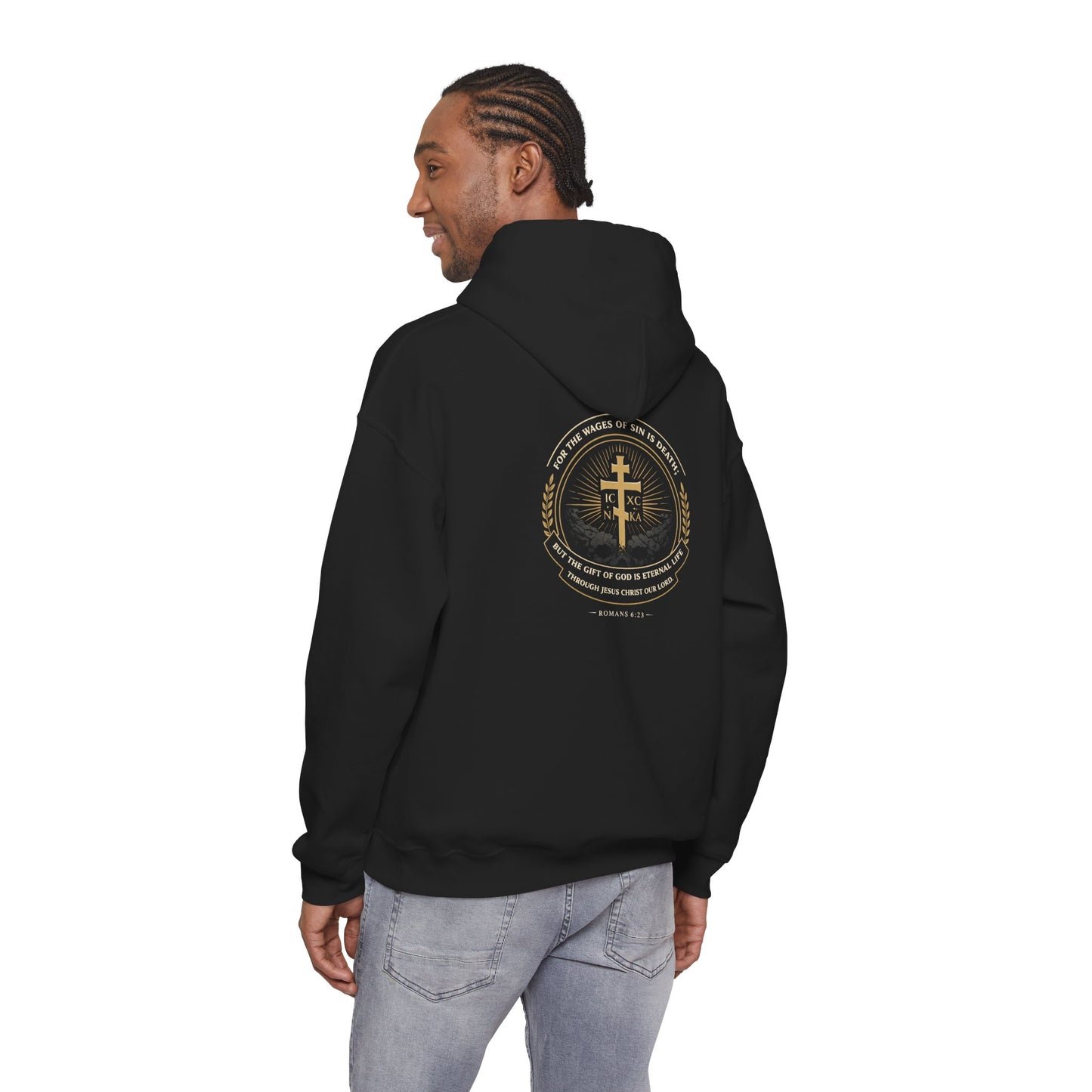 Christian Cross Hoodie — Gold Cross with Wings & Laurel Comfort Pullover