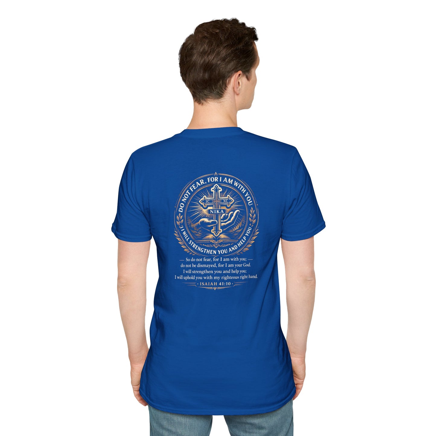 Christian Cross T-Shirt — Isaiah 41:10 Faith Prayer Tee (Front Small Cross, Back Scripture Emblem)