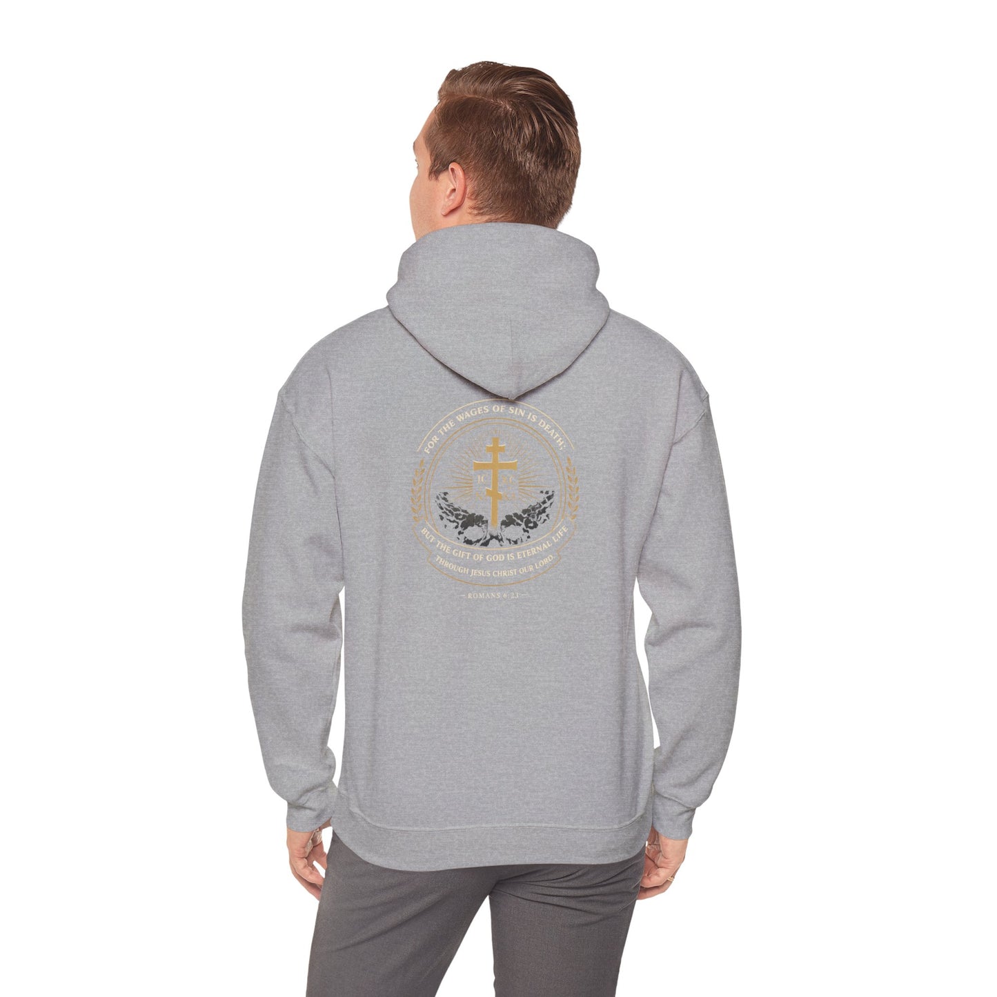 Christian Cross Hoodie — Gold Cross with Wings & Laurel Comfort Pullover