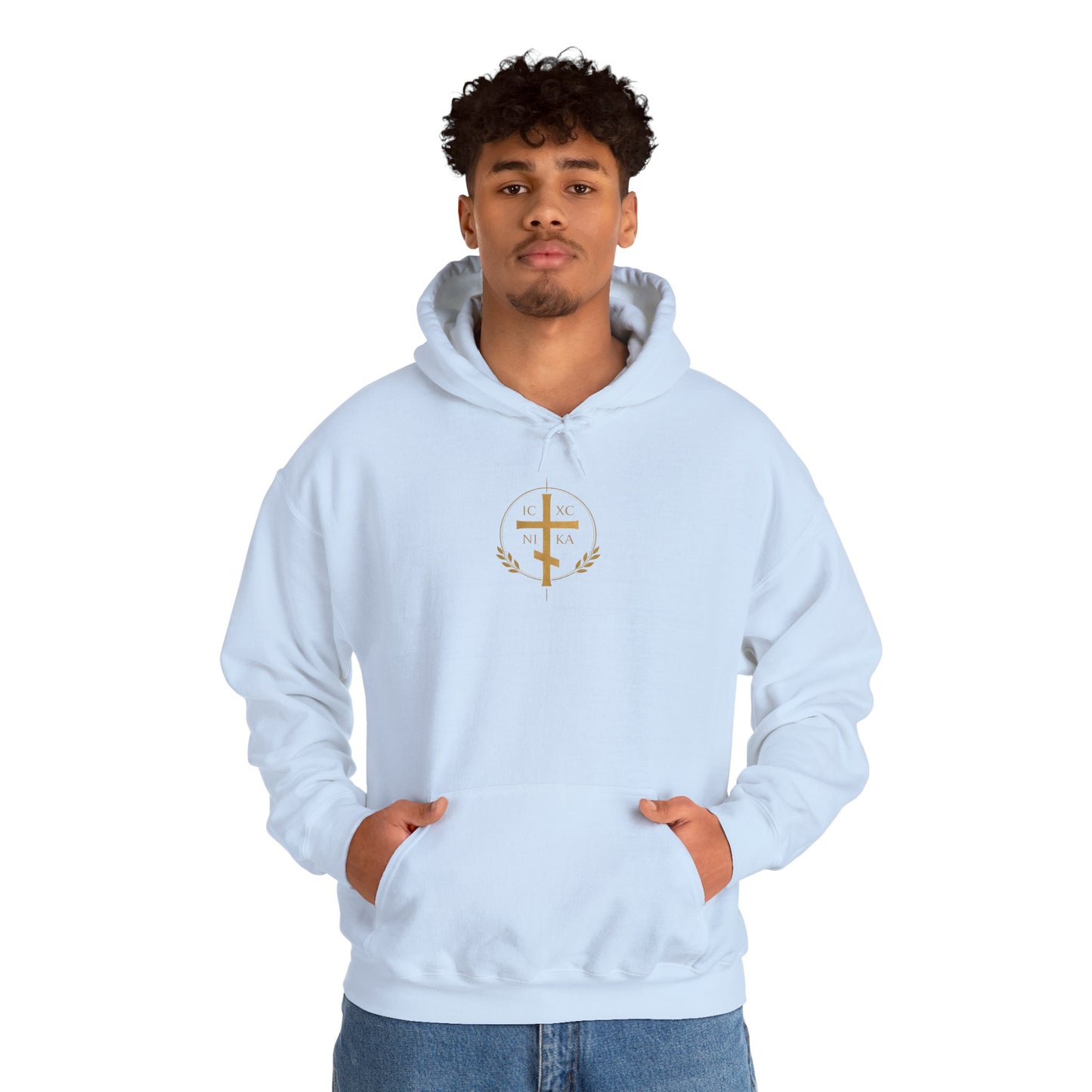 Christian Cross Hoodie — Gold Cross with Wings & Laurel Comfort Pullover