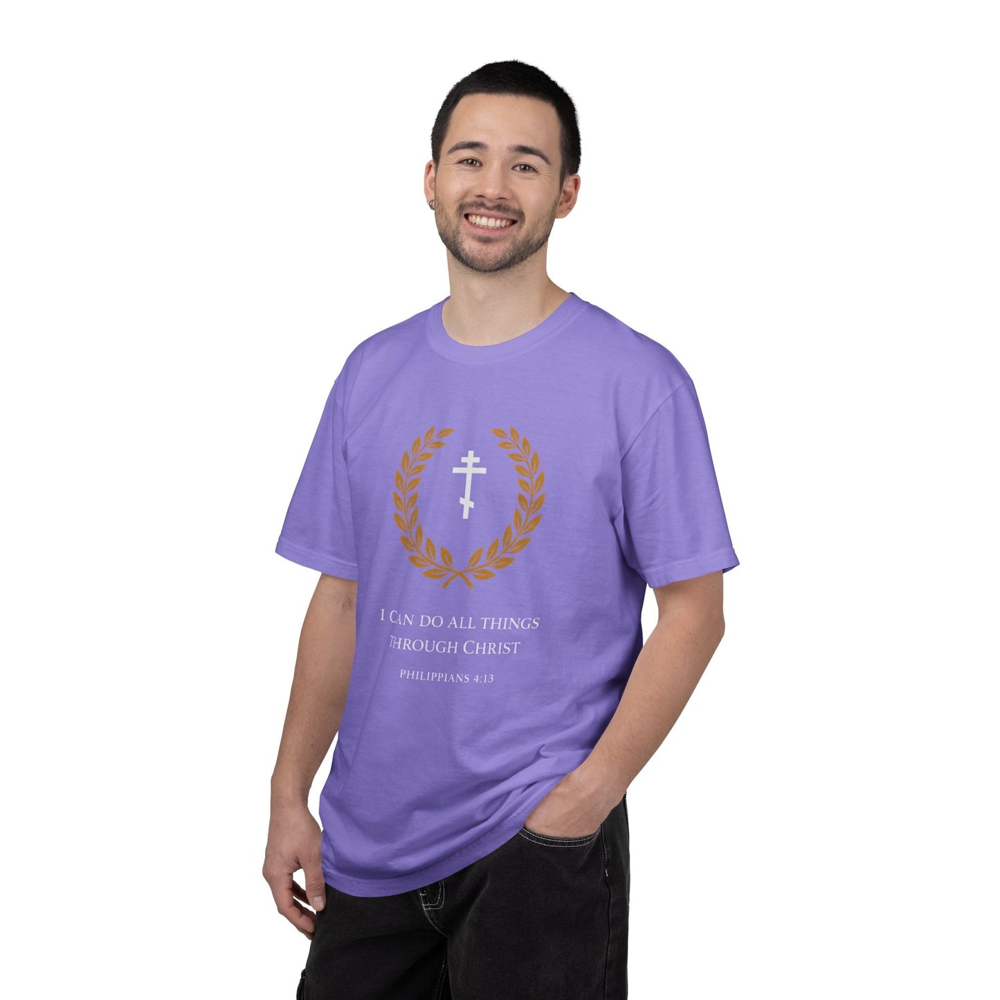 Christian T-Shirt — "I Can Do All Things Through Christ" Philippians 4:13 Cross Laurel Design