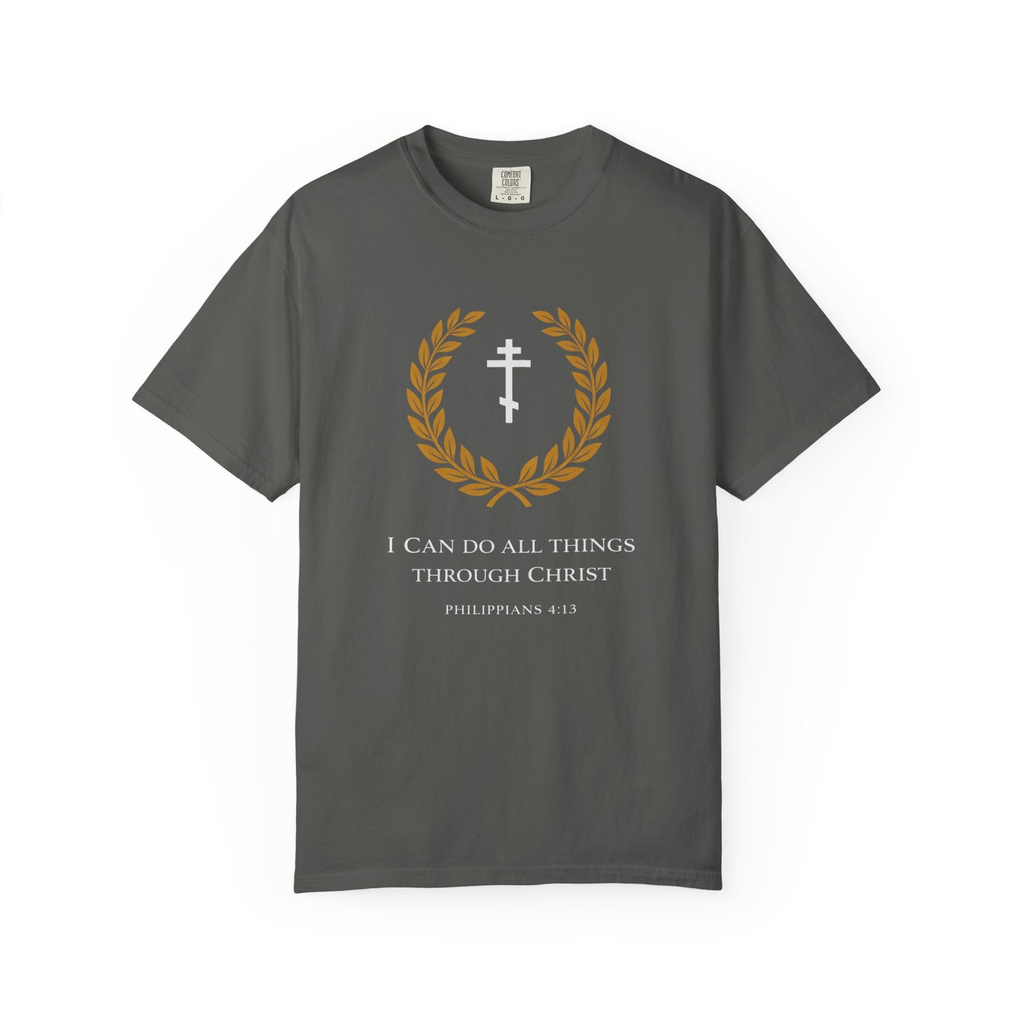 Christian T-Shirt — "I Can Do All Things Through Christ" Philippians 4:13 Cross Laurel Design