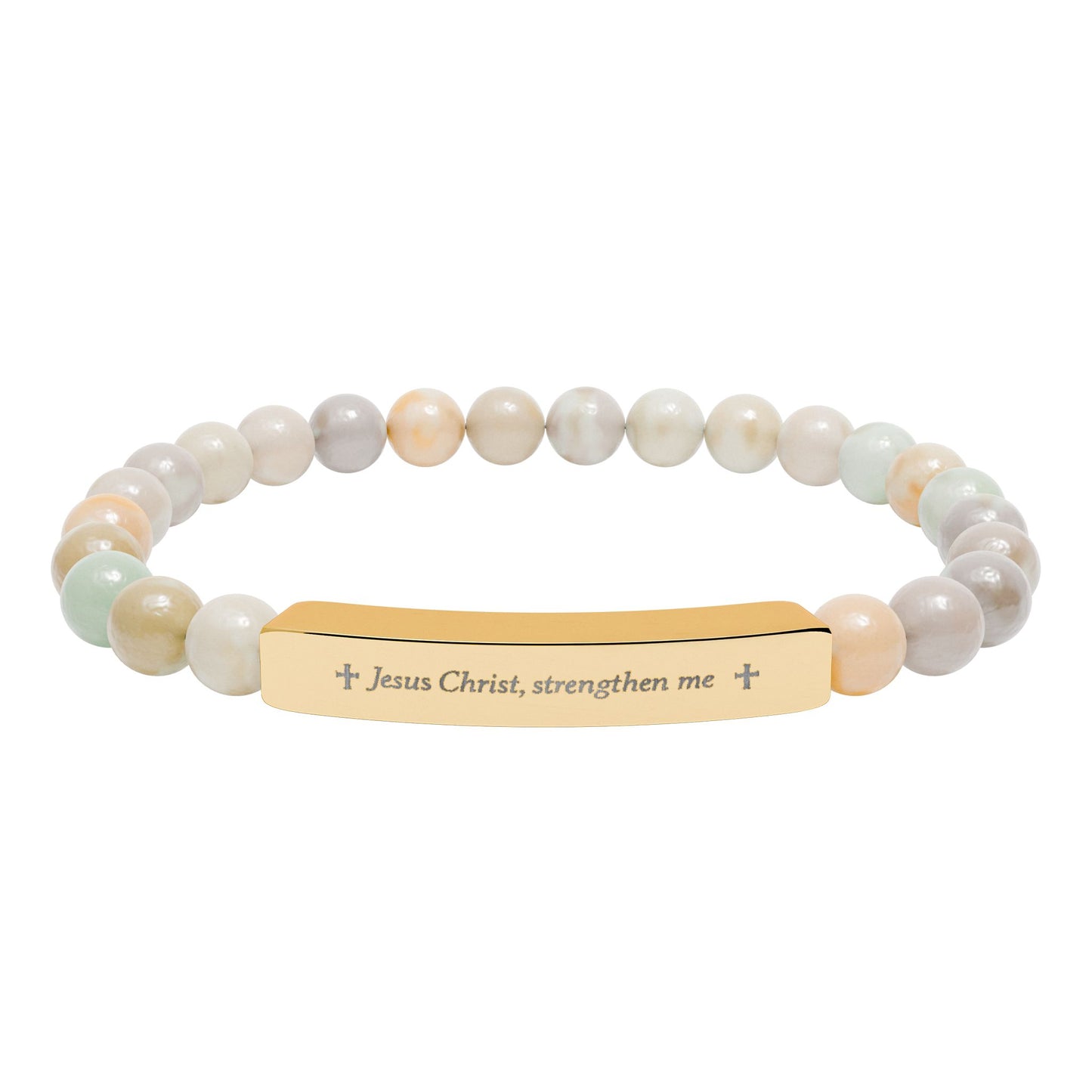 Engraved Natural Stone Bead Bracelet — Personalized Bar Stretch Bracelet