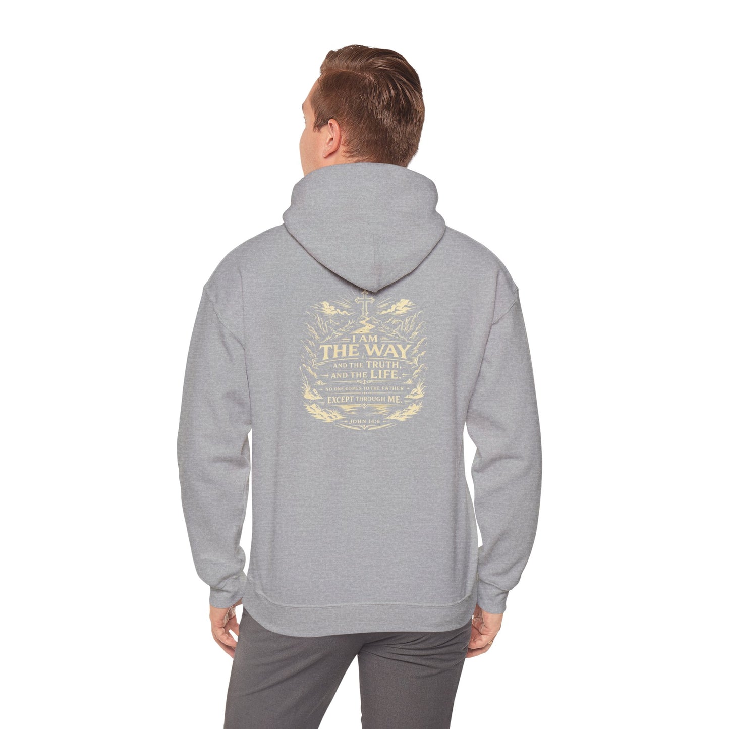 Christian Cross Hoodie — "I Am The Way" Scripture Back Print