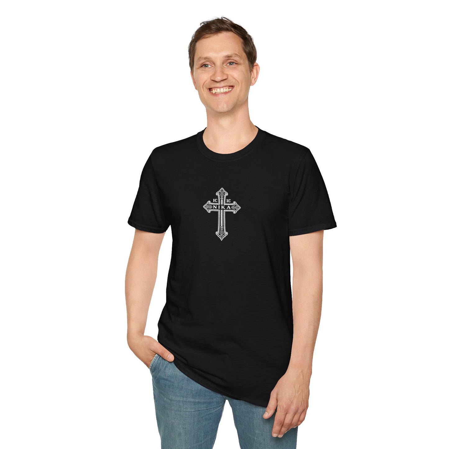 Christian Cross T-Shirt — Isaiah 41:10 Faith Prayer Tee (Front Small Cross, Back Scripture Emblem)