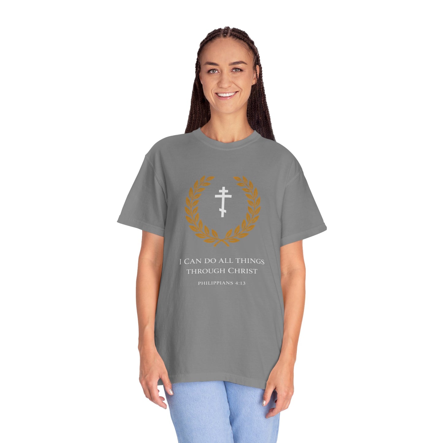 Christian T-Shirt — "I Can Do All Things Through Christ" Philippians 4:13 Cross Laurel Design