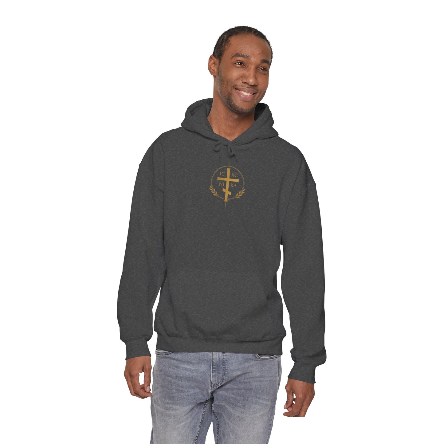Christian Cross Hoodie — Gold Cross with Wings & Laurel Comfort Pullover