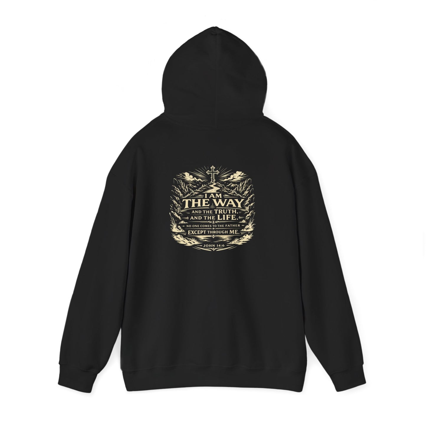 Christian Cross Hoodie — "I Am The Way" Scripture Back Print