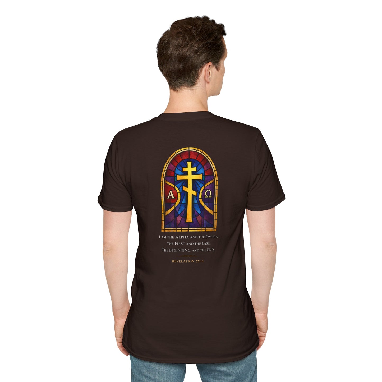 Christian Stained Glass Cross T-Shirt — "I Am the Alpha and the Omega"