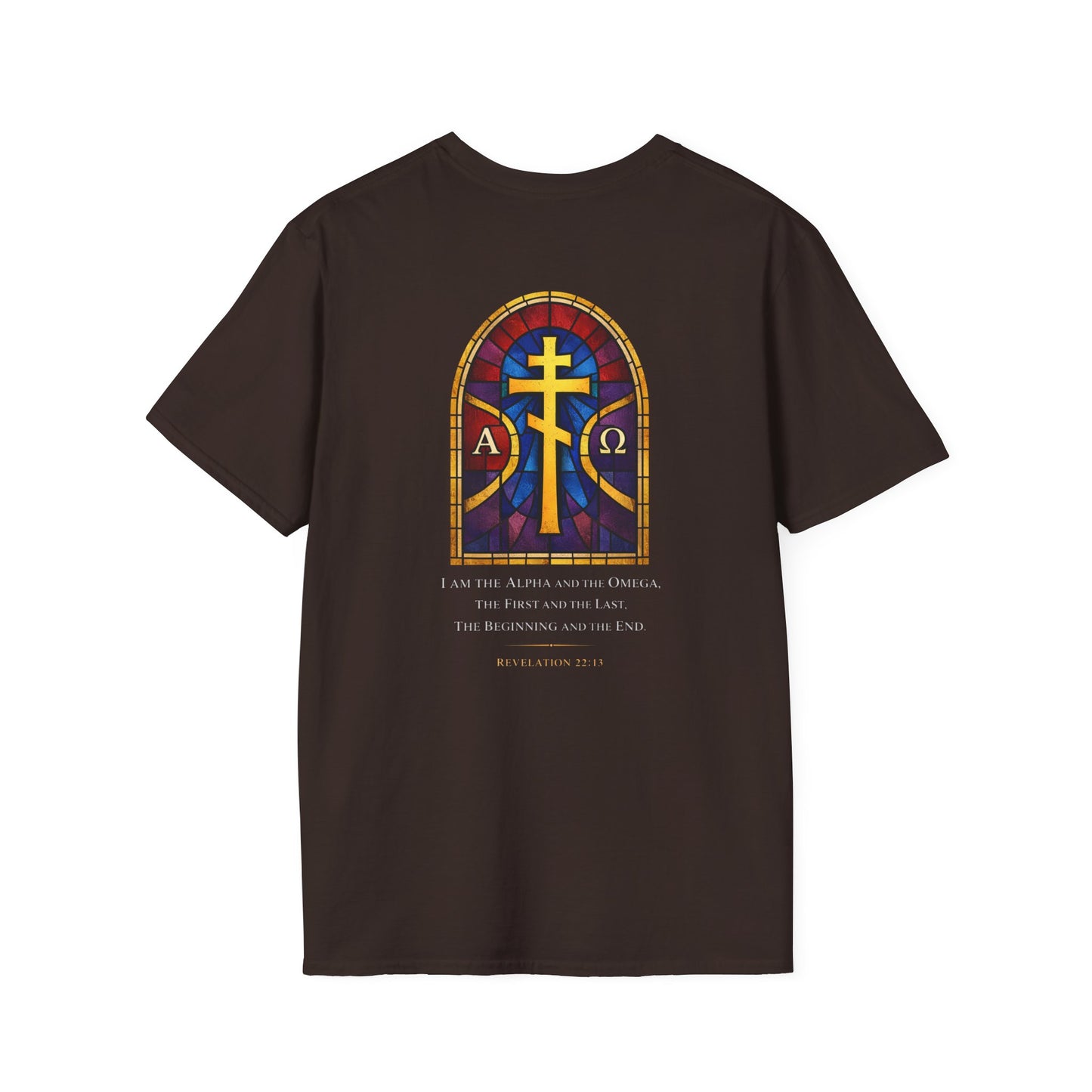 Christian Stained Glass Cross T-Shirt — "I Am the Alpha and the Omega"
