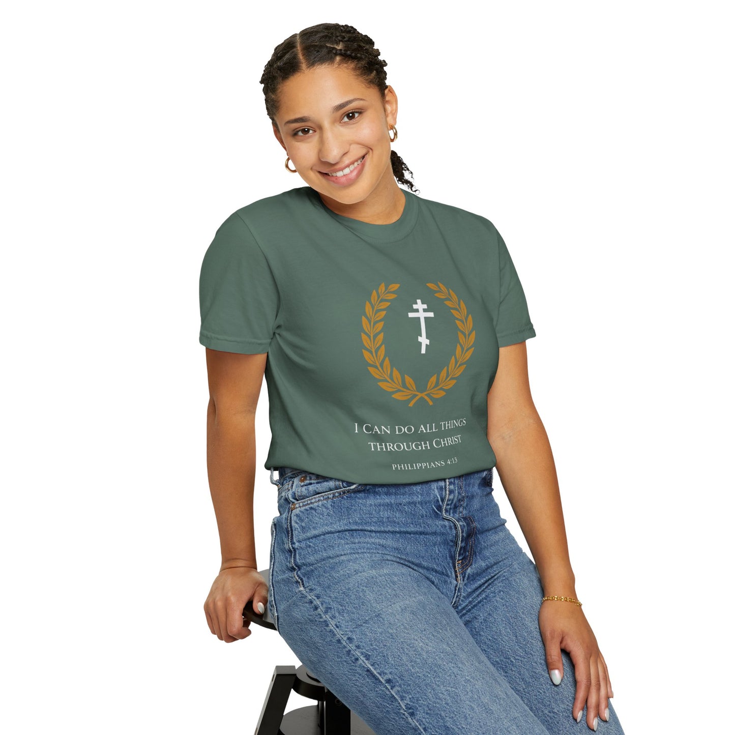 Christian T-Shirt — "I Can Do All Things Through Christ" Philippians 4:13 Cross Laurel Design