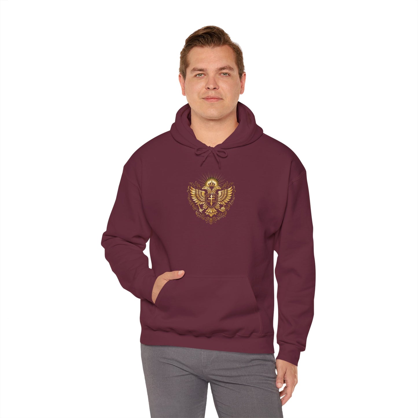 Christian Cross & Eagle Hoodie — Faith-Based Gold Emblem Sweatshirt