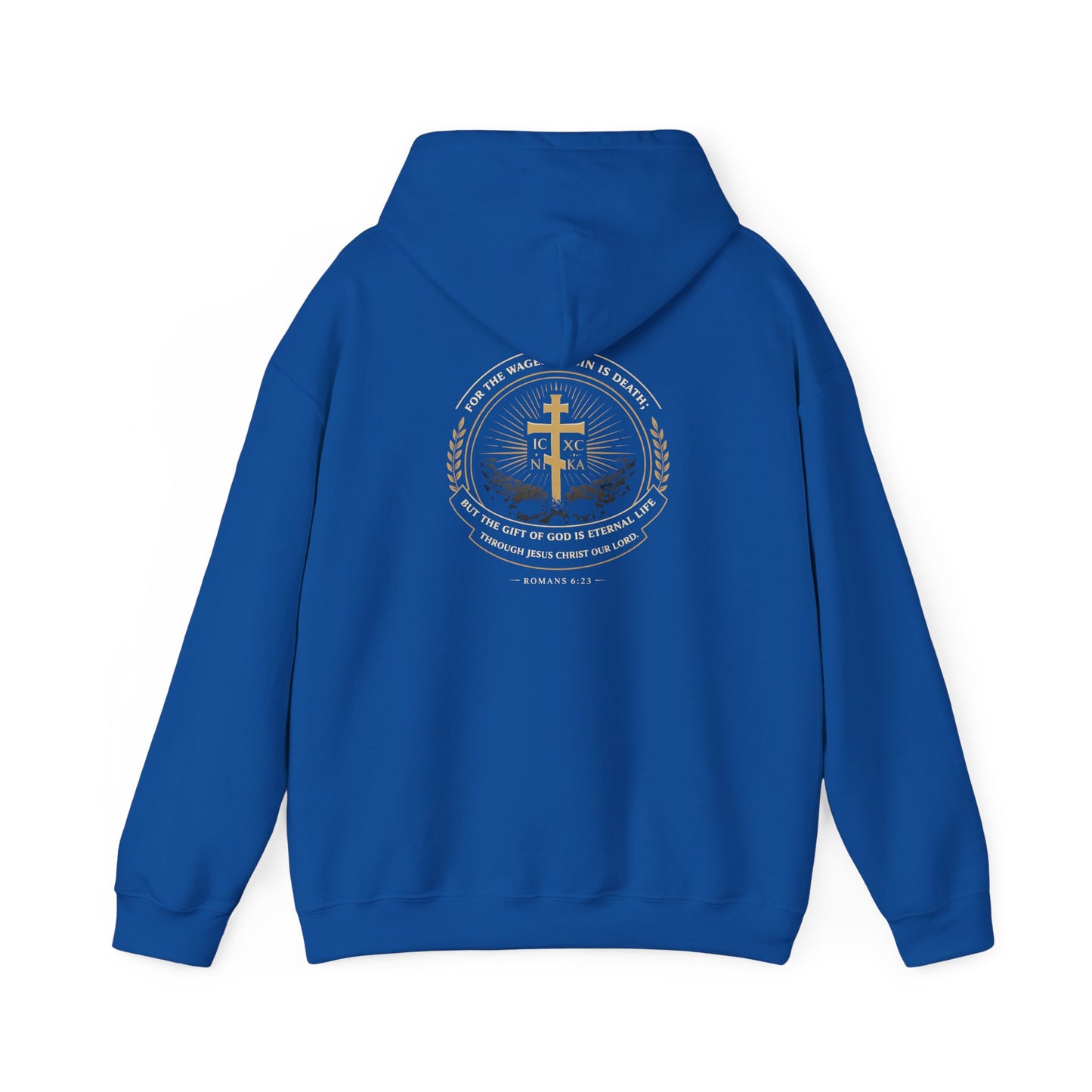 Christian Cross Hoodie — Gold Cross with Wings & Laurel Comfort Pullover