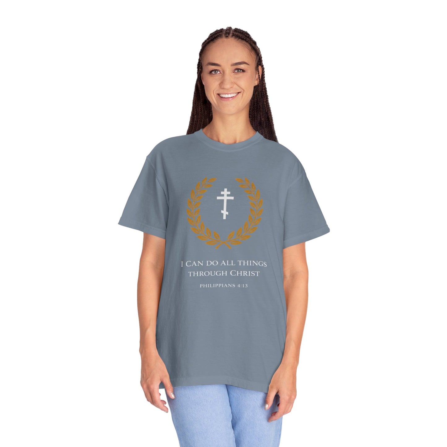 Christian T-Shirt — "I Can Do All Things Through Christ" Philippians 4:13 Cross Laurel Design
